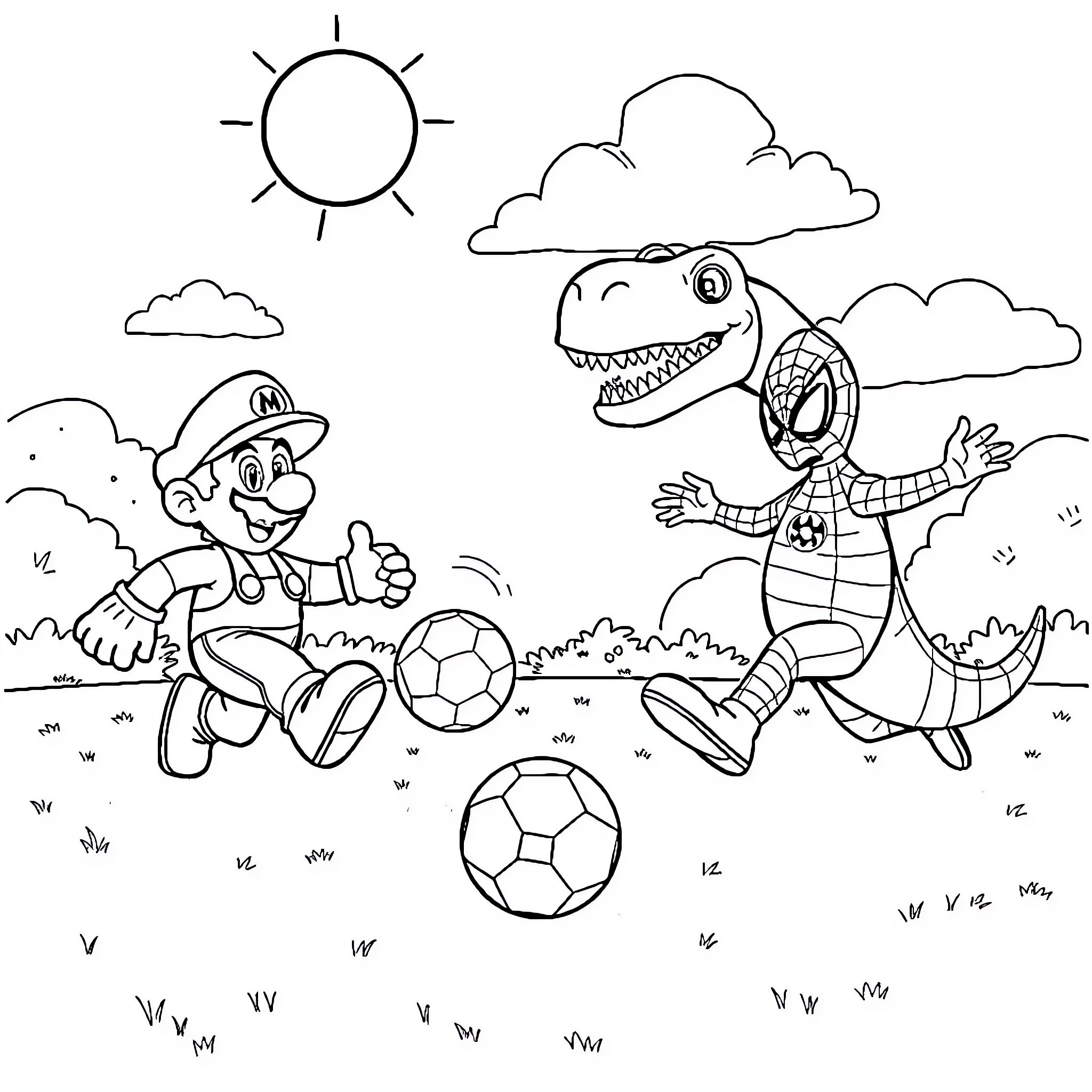 Mario Playing Soccer with a Friendly Dinosaur Coloring Page (free black-and-white line drawing printable PDF for all, from beginners to advanced learners, including children, teens, adults, and seniors)