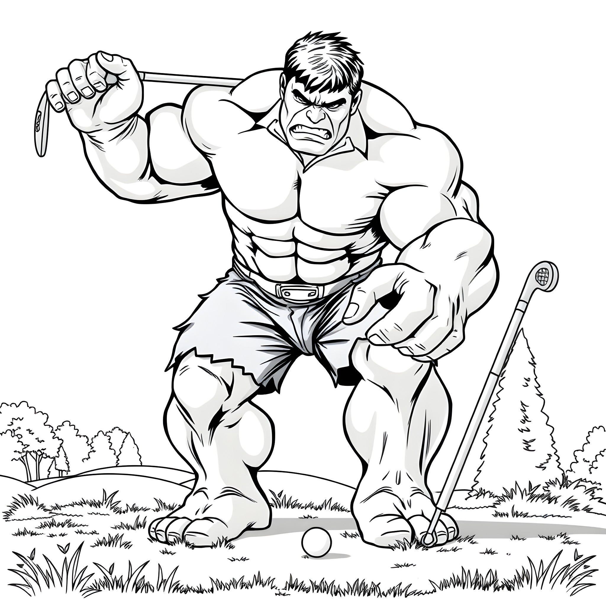 Hulk unleashing mighty power in the wilderness Coloring Page (free black-and-white line drawing printable PDF for all, from beginners to advanced learners, including children, teens, adults, and seniors)