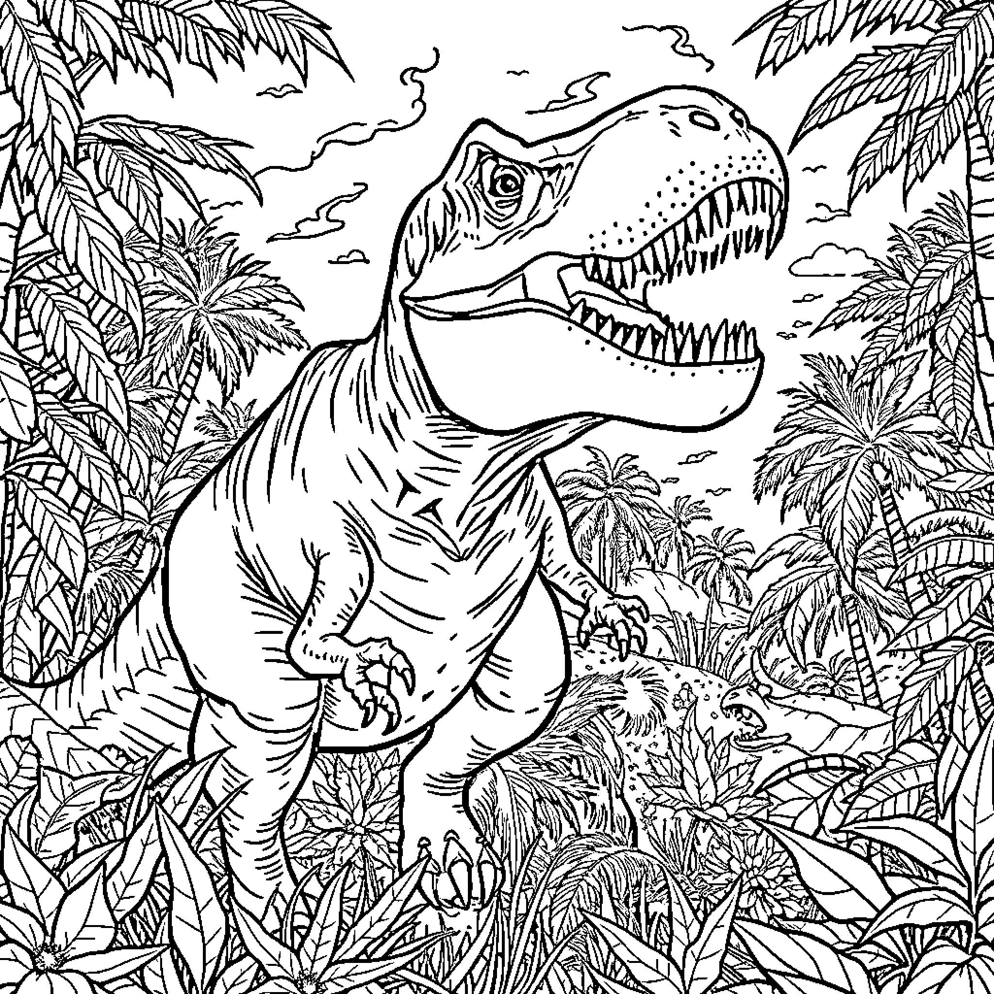 T-Rex Stomping Through Lush Jungle Landscape Coloring Page (free black-and-white line drawing printable PDF for all, from beginners to advanced learners, including children, teens, adults, and seniors)