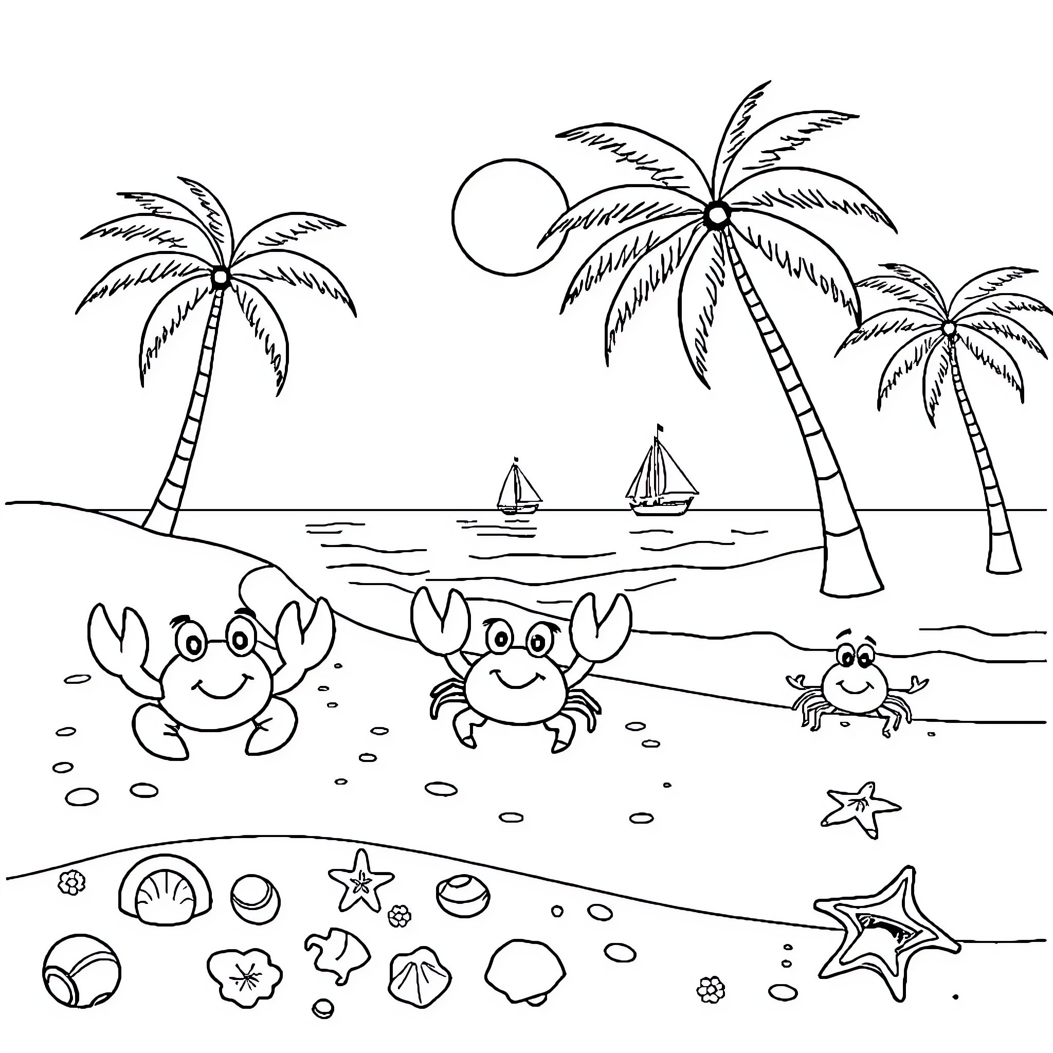 Crab playing on a tropical beach with palm trees Coloring Page (free black-and-white line drawing printable PDF for all, from beginners to advanced learners, including children, teens, adults, and seniors)