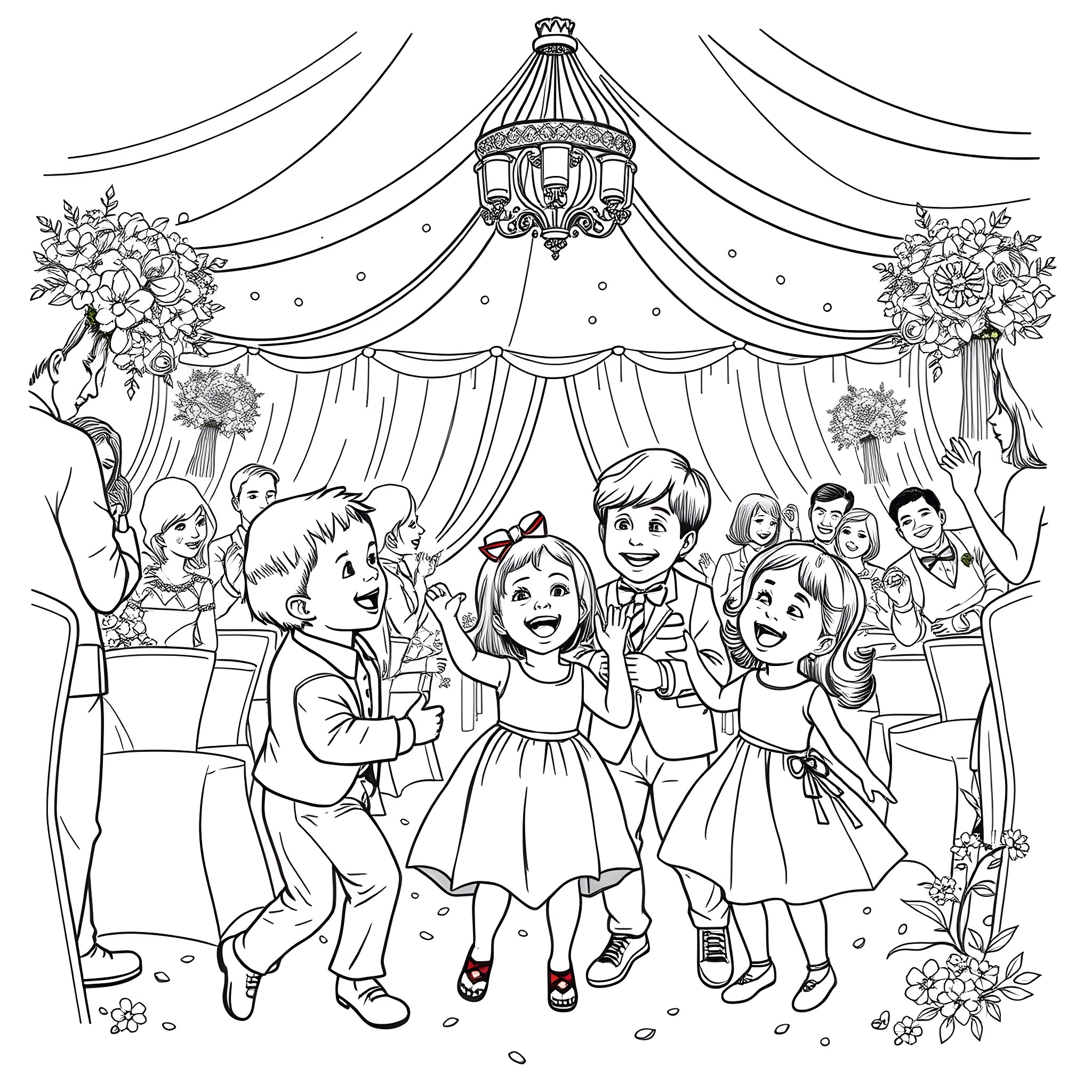 Kid Celebrating Birthday Party with Friends Coloring Page (free black-and-white line drawing printable PDF for all, from beginners to advanced learners, including children, teens, adults, and seniors)
