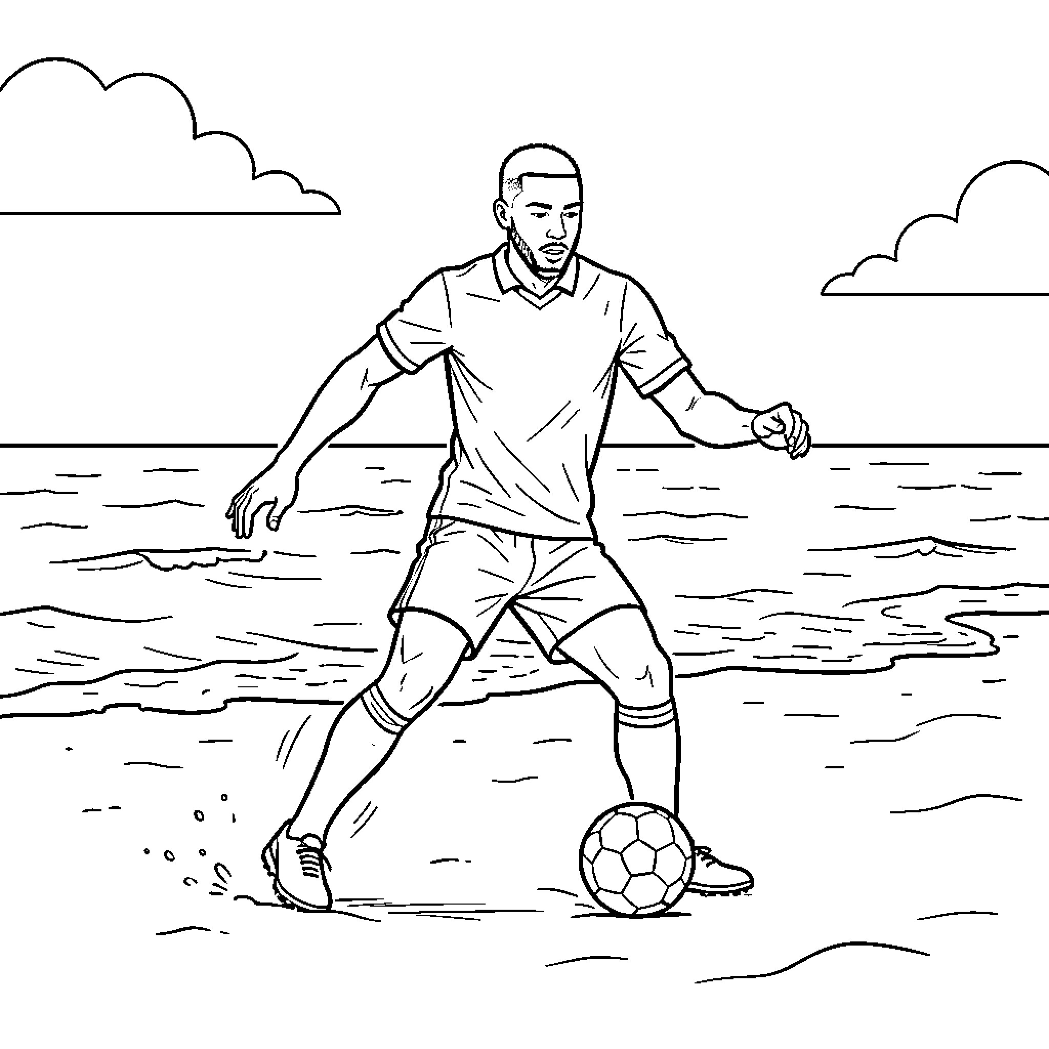 Mbappe playing soccer on the beach Coloring Page (free black-and-white line drawing printable PDF for all, from beginners to advanced learners, including children, teens, adults, and seniors)