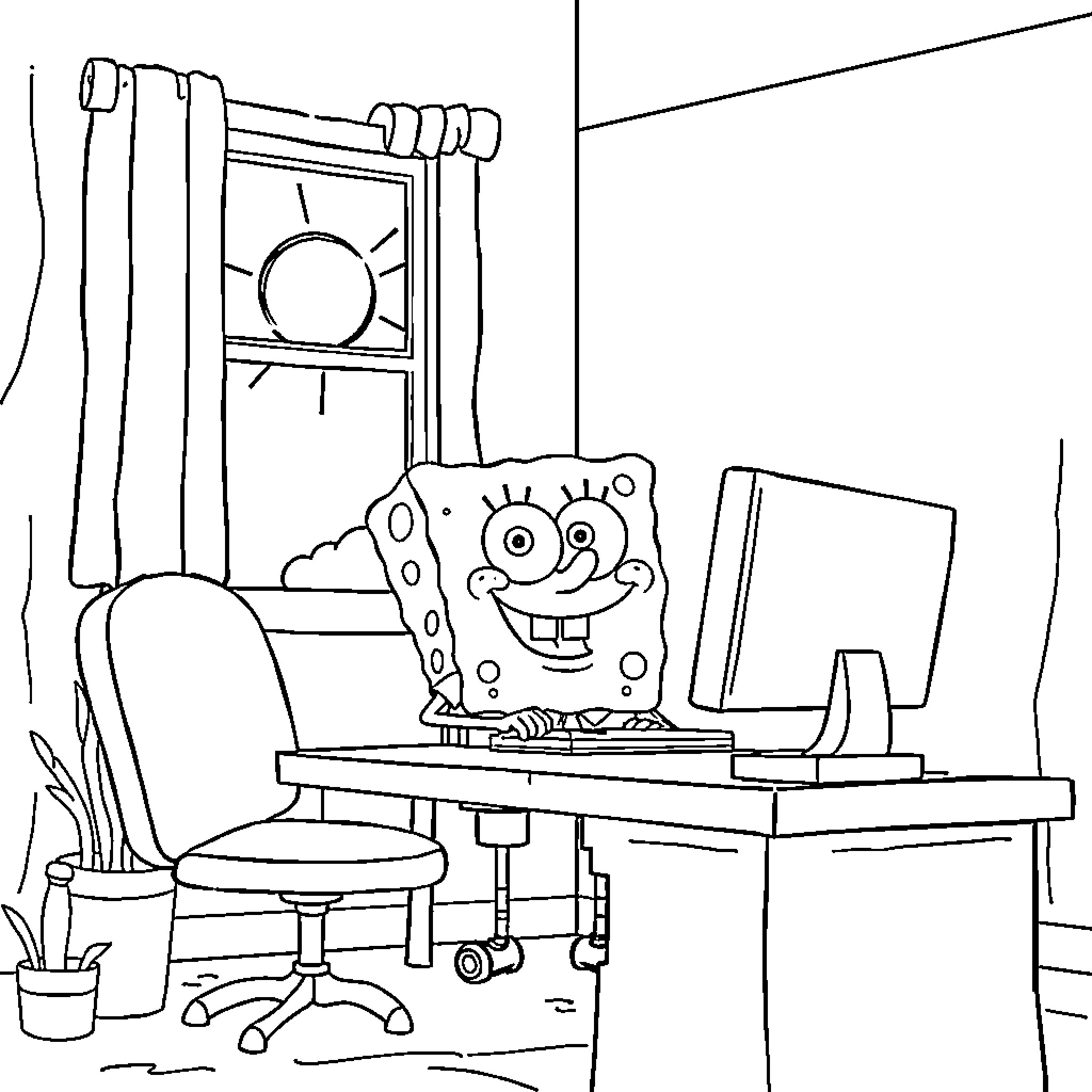 Spongebob sitting happily at his desk Coloring Page (free black-and-white line drawing printable PDF for all, from beginners to advanced learners, including children, teens, adults, and seniors)