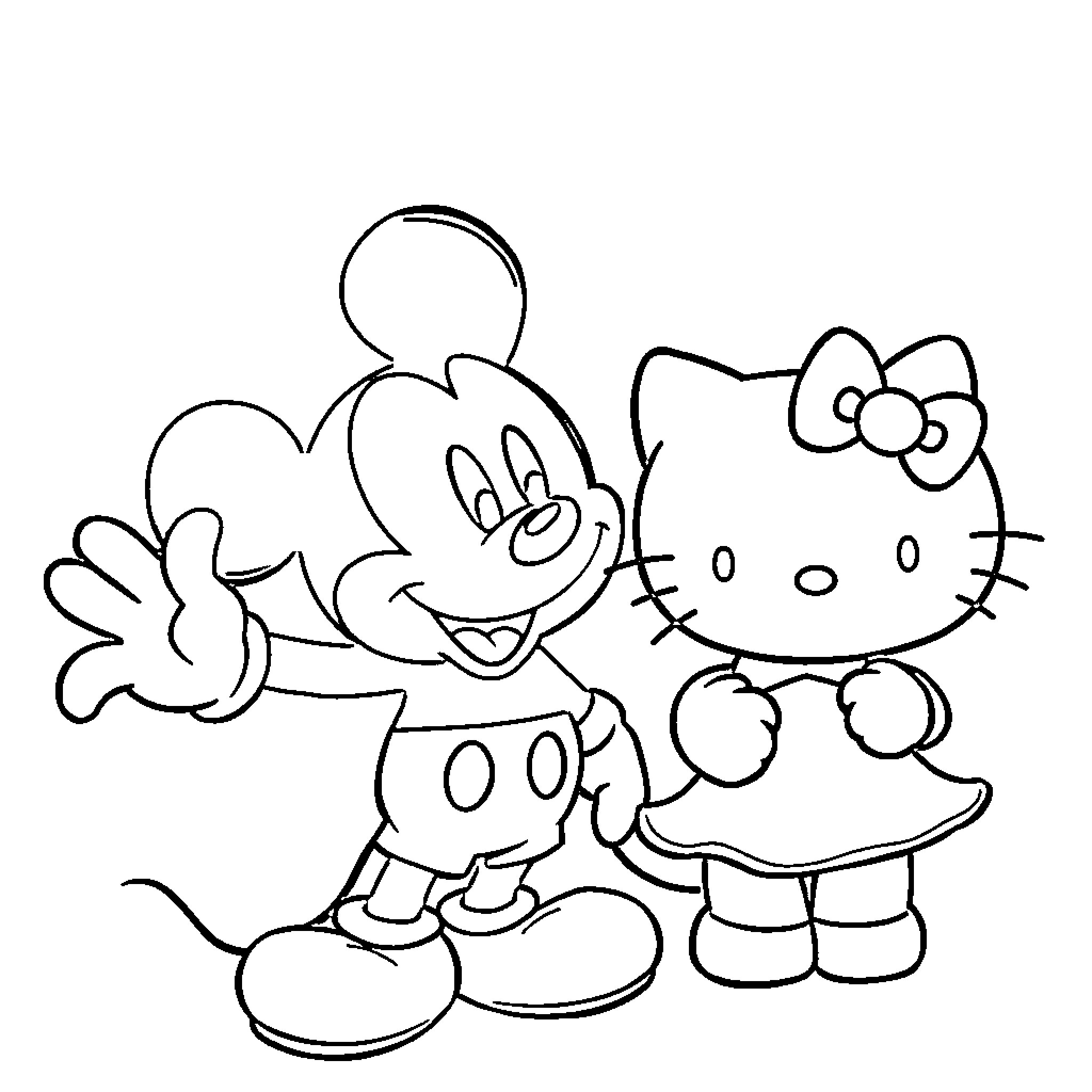Mickey Mouse and Hello Kitty posing together Coloring Page (free black-and-white line drawing printable PDF for all, from beginners to advanced learners, including children, teens, adults, and seniors)