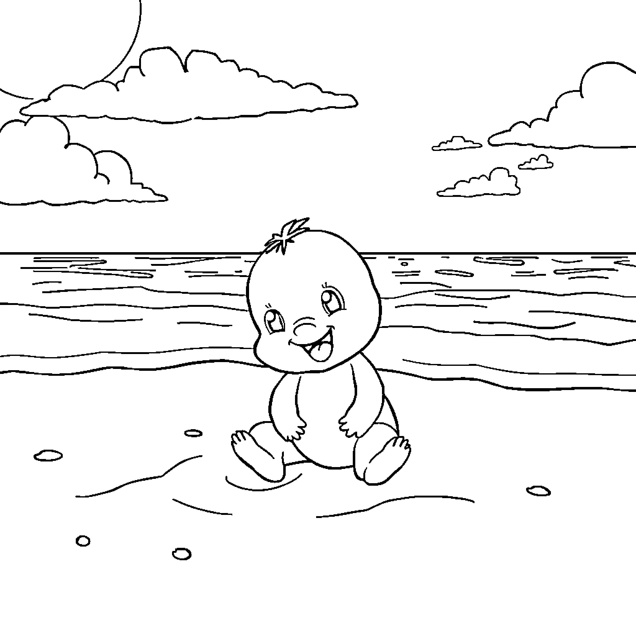 Daddydiglet playing happily at the beach Coloring Page (free black-and-white line drawing printable PDF for all, from beginners to advanced learners, including children, teens, adults, and seniors)