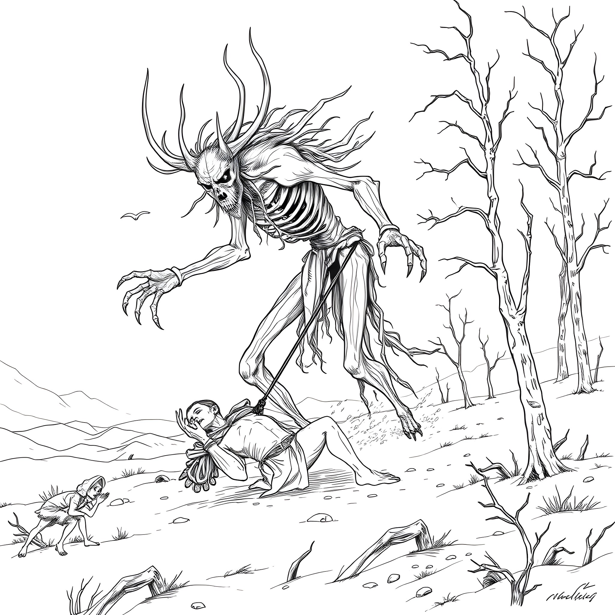 Wendigo terrorizing a helpless victim in a desolate landscape Coloring Page (free black-and-white line drawing printable PDF for all, from beginners to advanced learners, including children, teens, adults, and seniors)