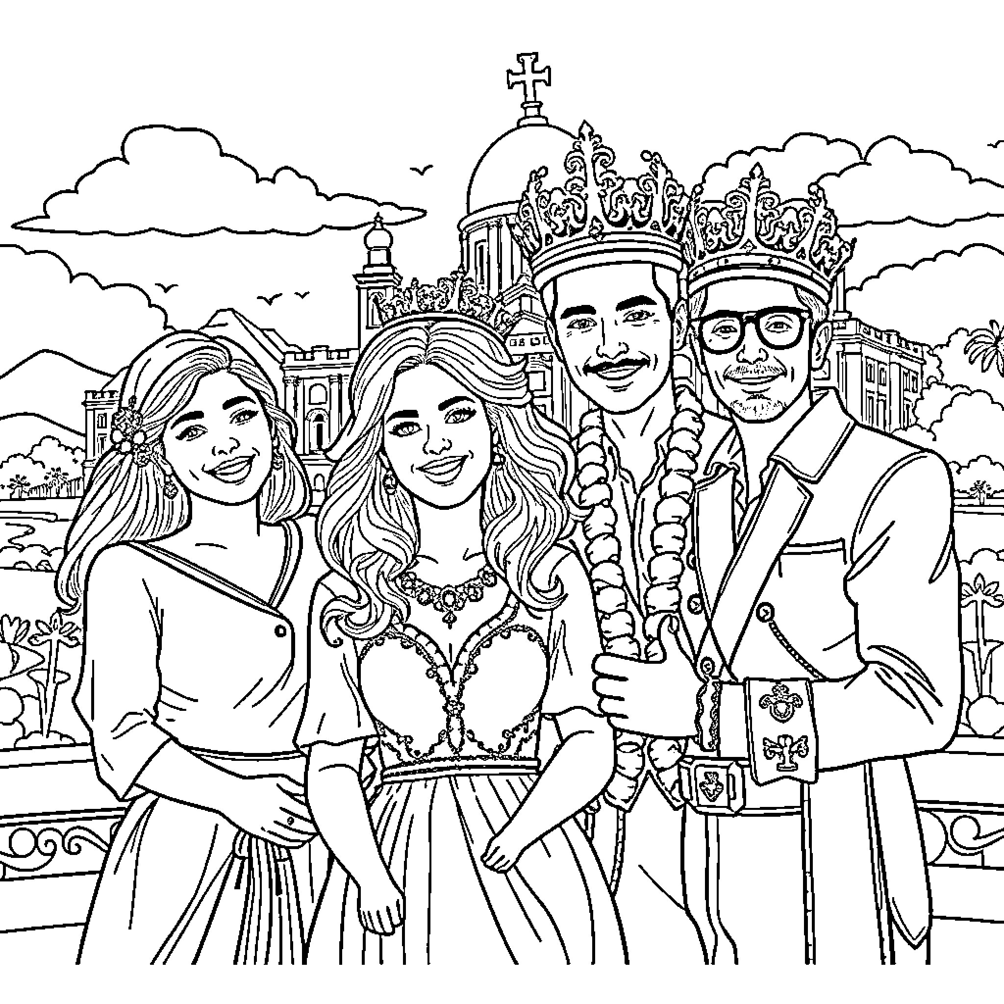 Royalty Family Posing in Front of Palace Coloring Page (free black-and-white line drawing printable PDF for all, from beginners to advanced learners, including children, teens, adults, and seniors)