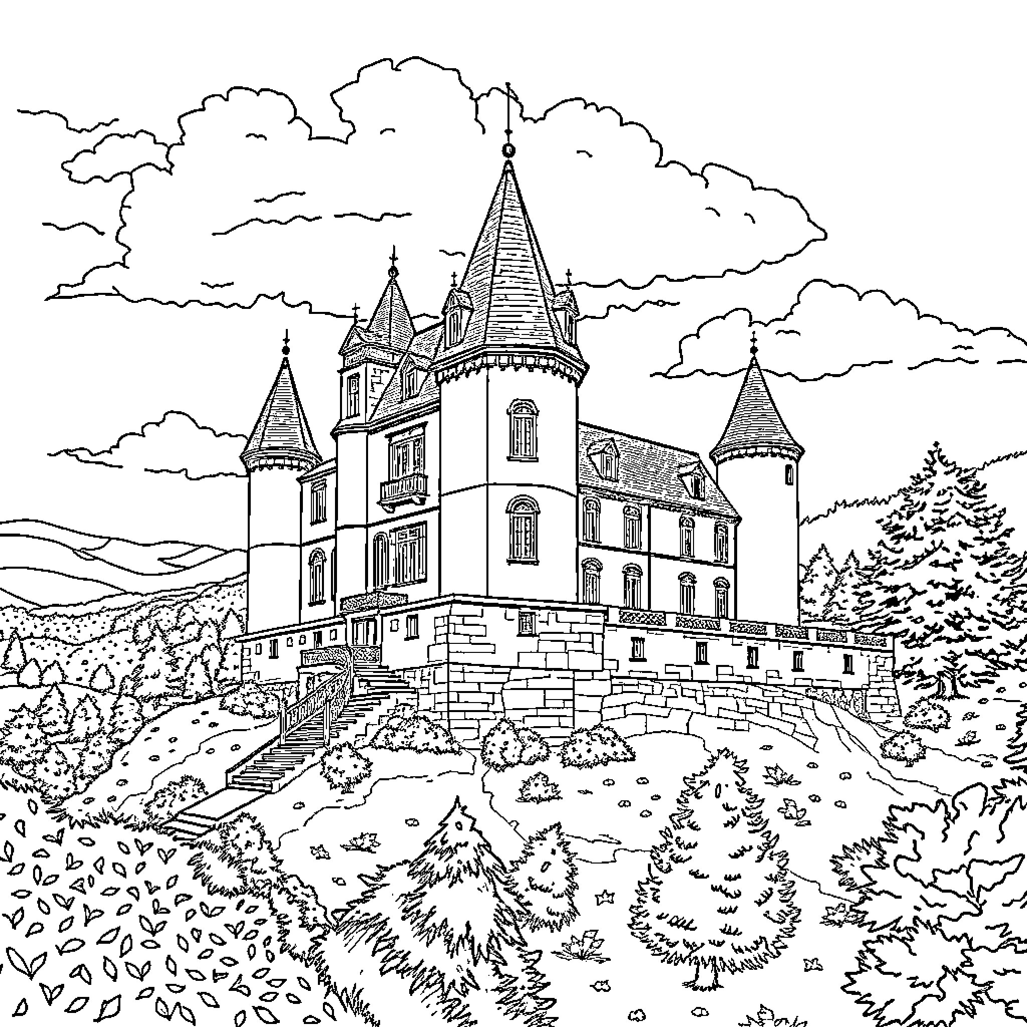 Château on a Hilltop with Scenic Landscape Coloring Page (free black-and-white line drawing printable PDF for all, from beginners to advanced learners, including children, teens, adults, and seniors)