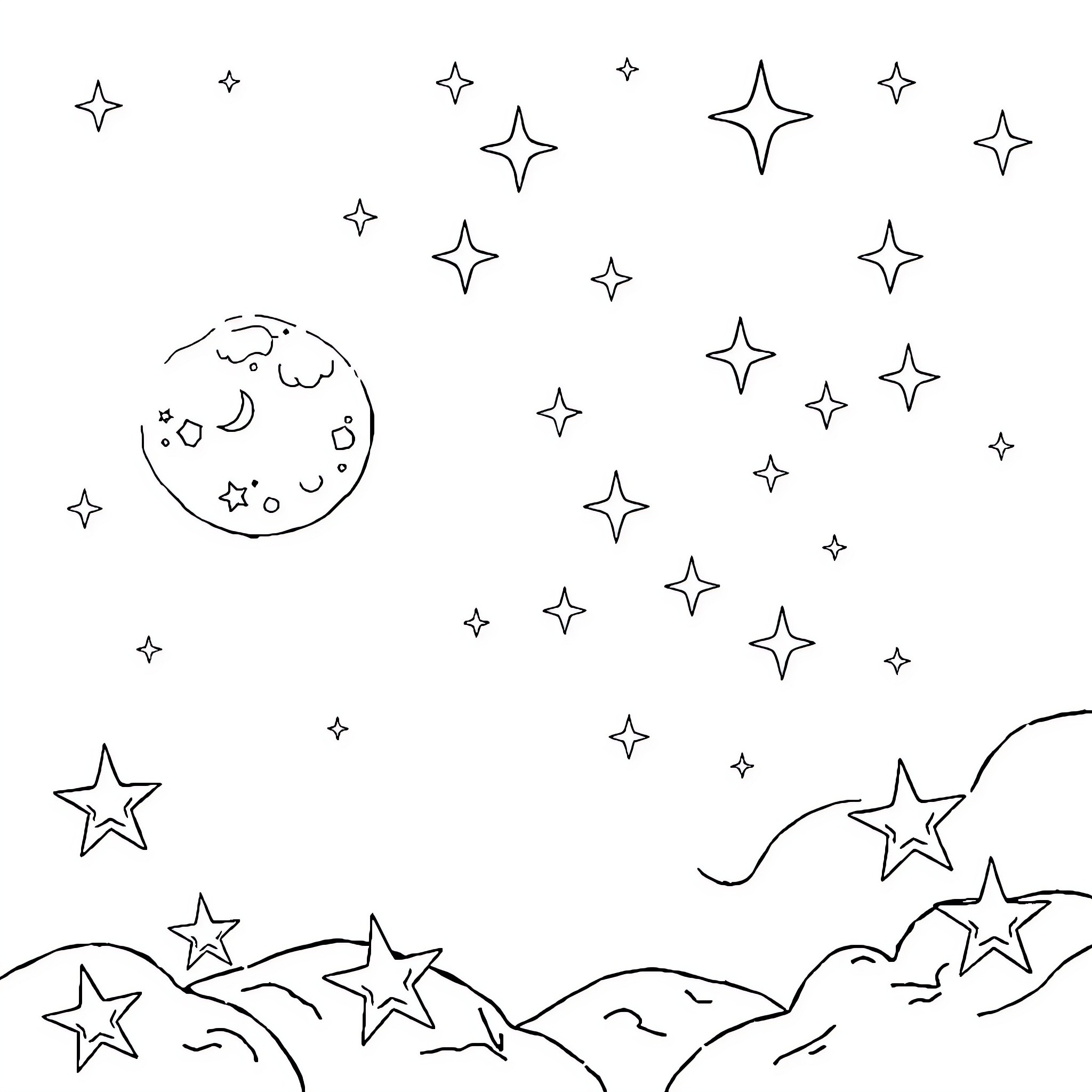 Moon sparkling with stars in the night sky Coloring Page (free black-and-white line drawing printable PDF for all, from beginners to advanced learners, including children, teens, adults, and seniors)