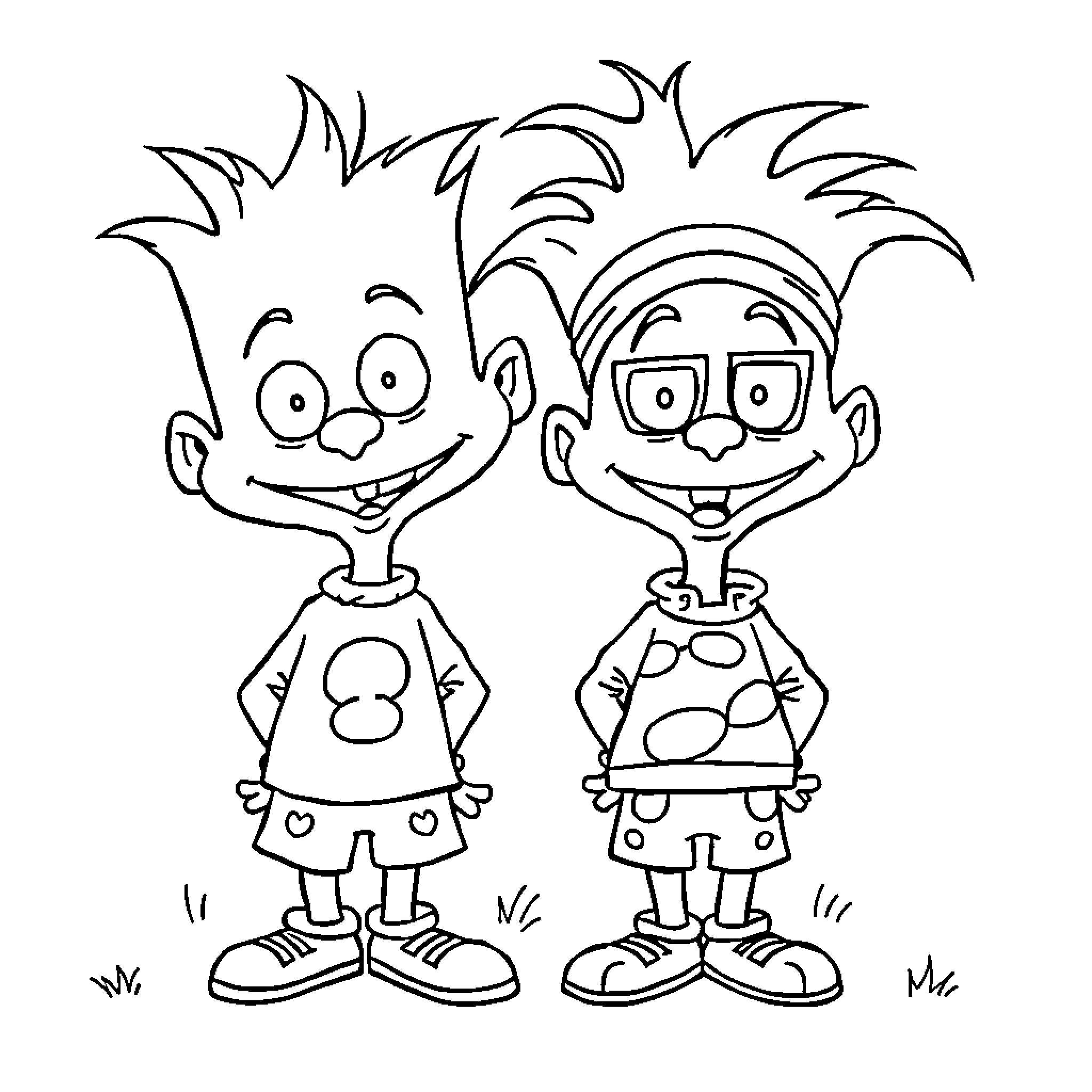 Ren and Stimpy in their quirky outfits and expressions Coloring Page (free black-and-white line drawing printable PDF for all, from beginners to advanced learners, including children, teens, adults, and seniors)