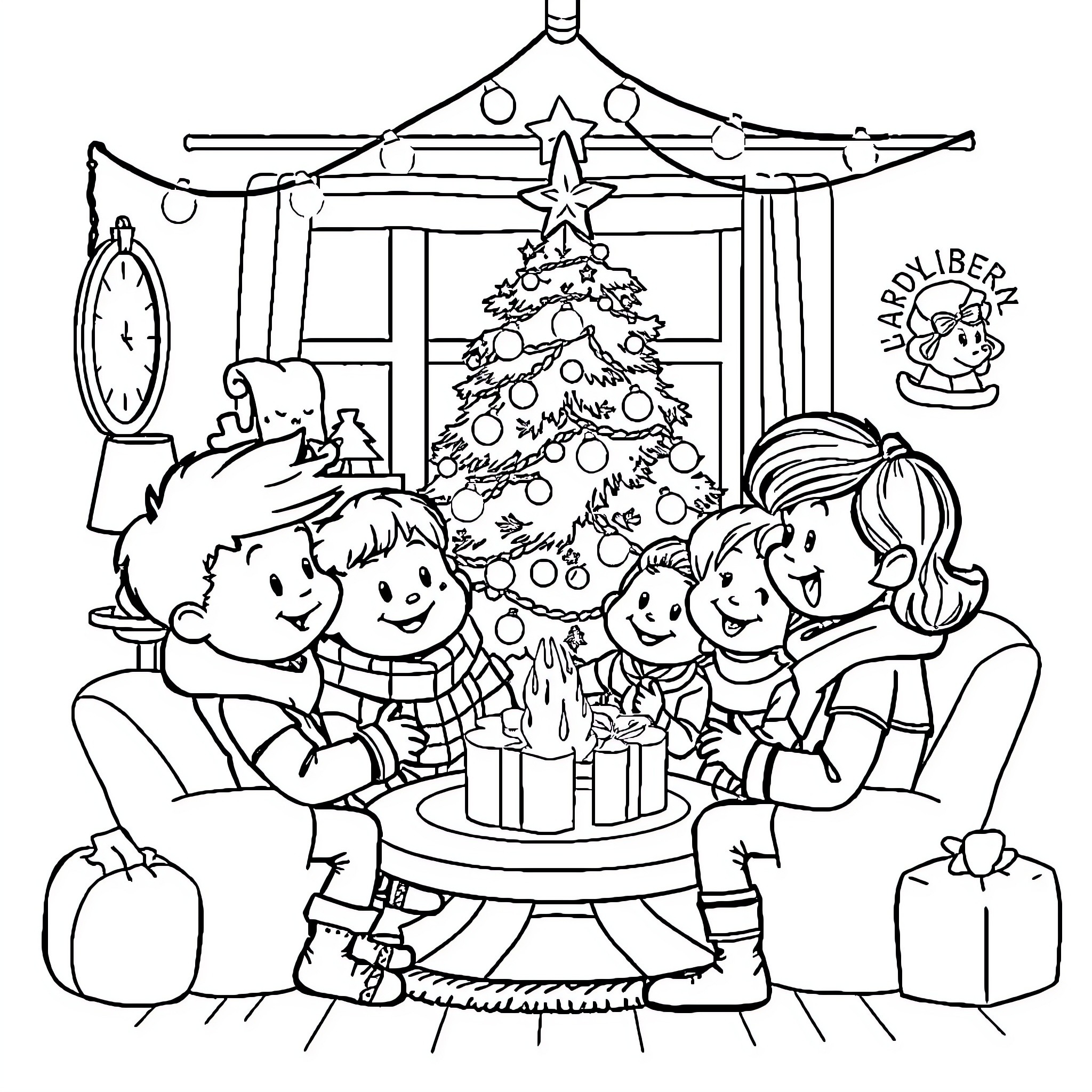 Tchoupi's Festive Holiday with Family Coloring Page (free black-and-white line drawing printable PDF for all, from beginners to advanced learners, including children, teens, adults, and seniors)