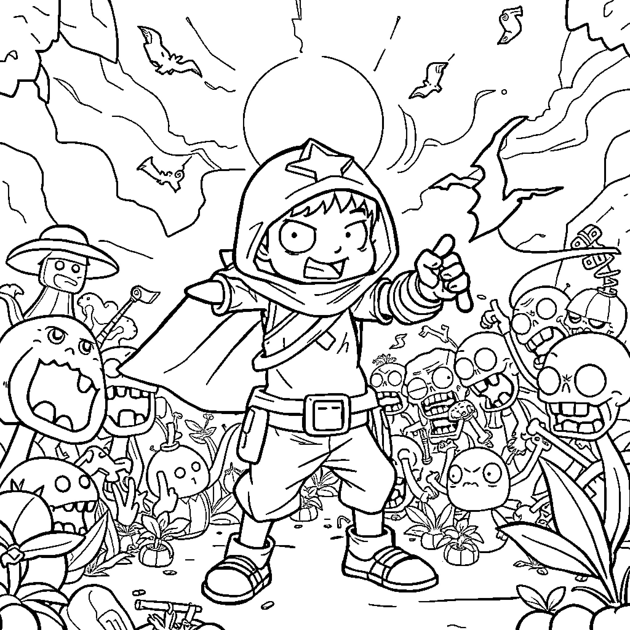 Tung Tung Sahur: Adventurous Exploration with Lively Characters Coloring Page (free black-and-white line drawing printable PDF for all, from beginners to advanced learners, including children, teens, adults, and seniors)