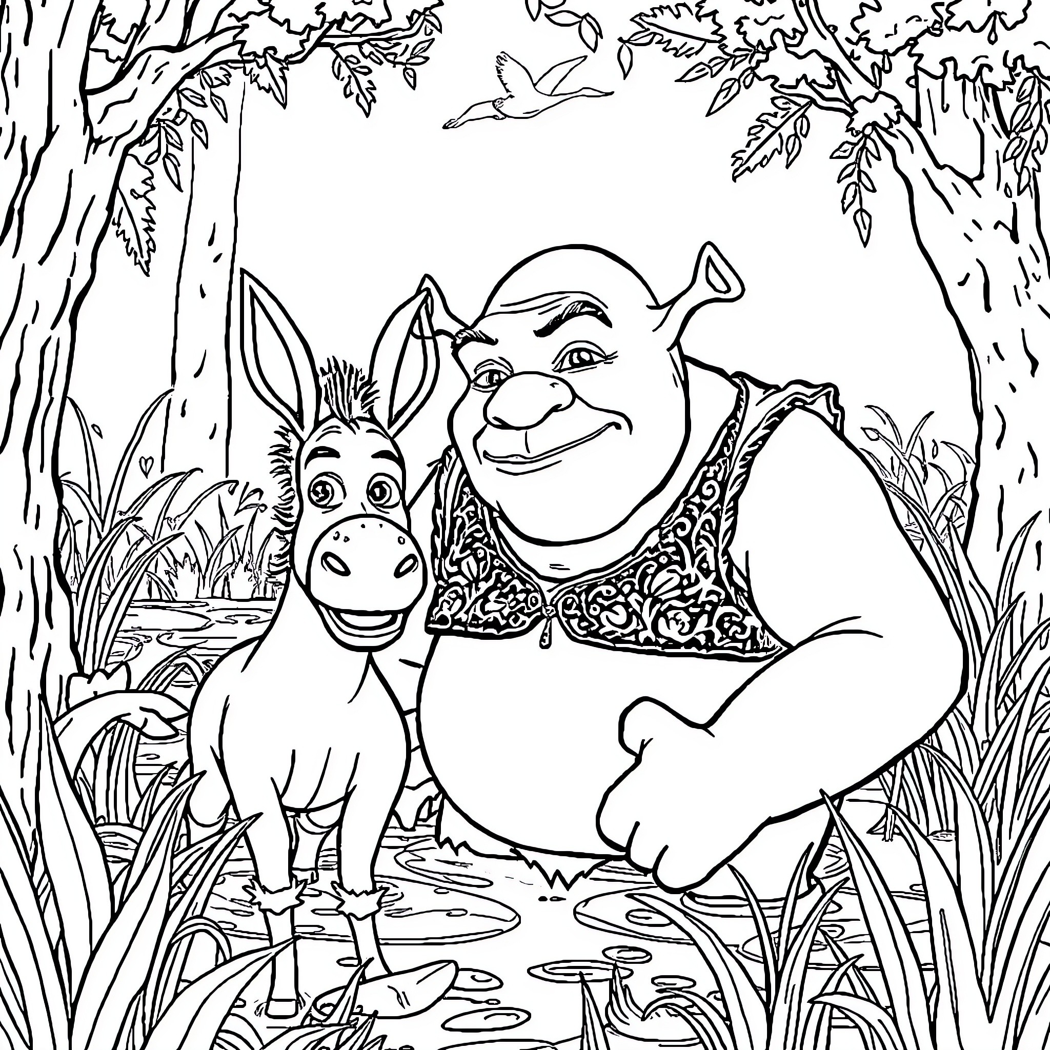 Shrek and Donkey exploring the magical forest Coloring Page (free black-and-white line drawing printable PDF for all, from beginners to advanced learners, including children, teens, adults, and seniors)