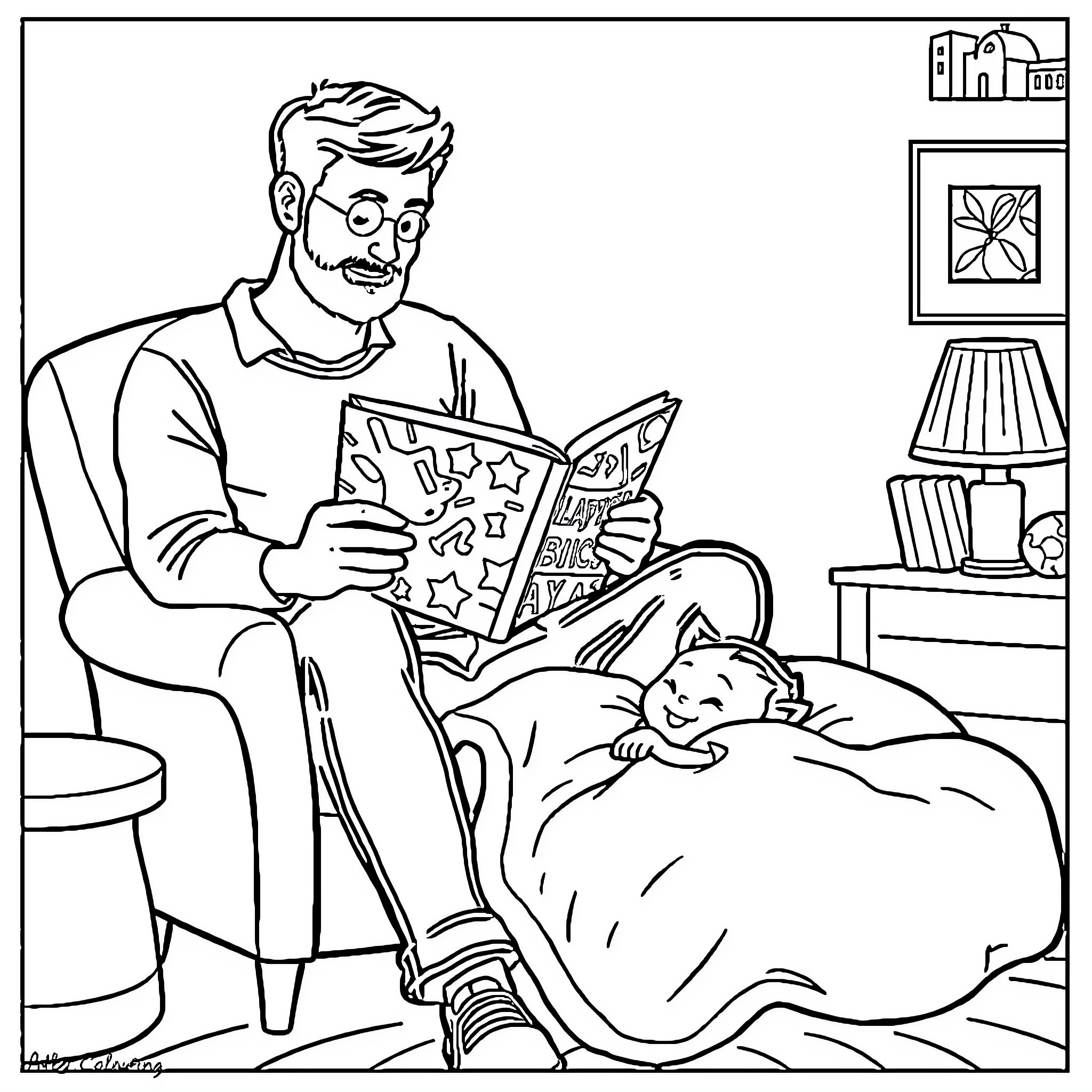 Dad reading a bedtime story to sleeping child Coloring Page (free black-and-white line drawing printable PDF for all, from beginners to advanced learners, including children, teens, adults, and seniors)