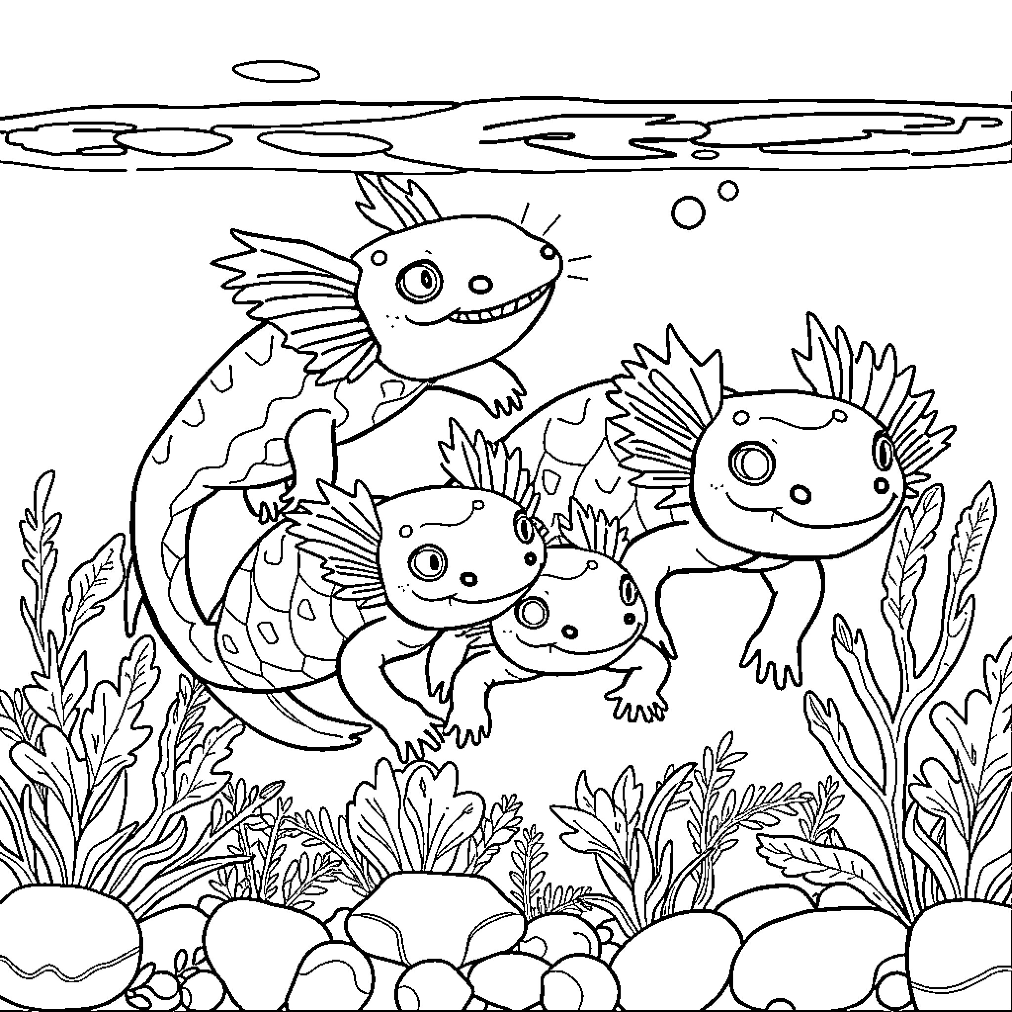Axolotl family swimming happily in underwater scenery Coloring Page (free black-and-white line drawing printable PDF for all, from beginners to advanced learners, including children, teens, adults, and seniors)