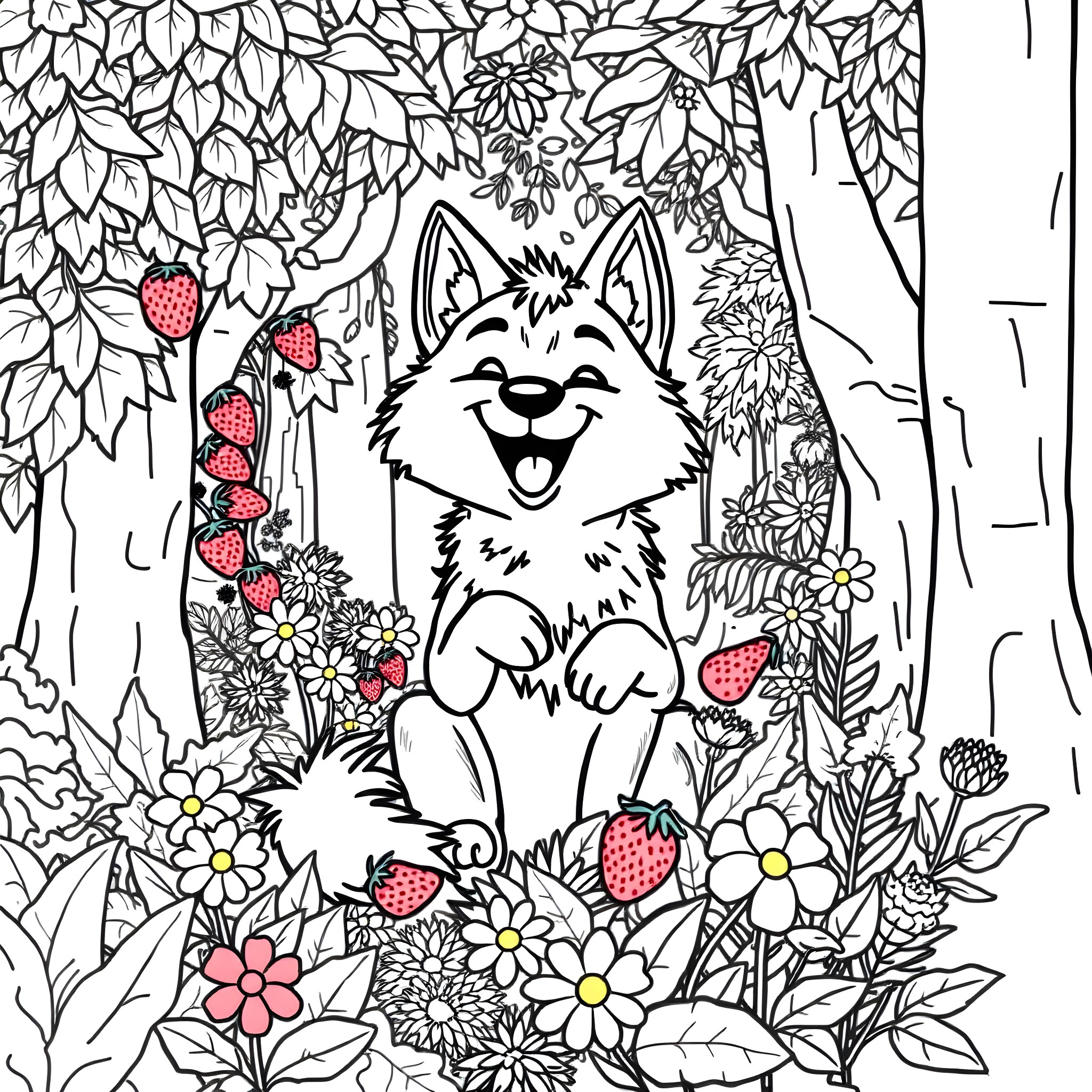 Wolf playing joyfully in the floral forest Coloring Page (free black-and-white line drawing printable PDF for all, from beginners to advanced learners, including children, teens, adults, and seniors)