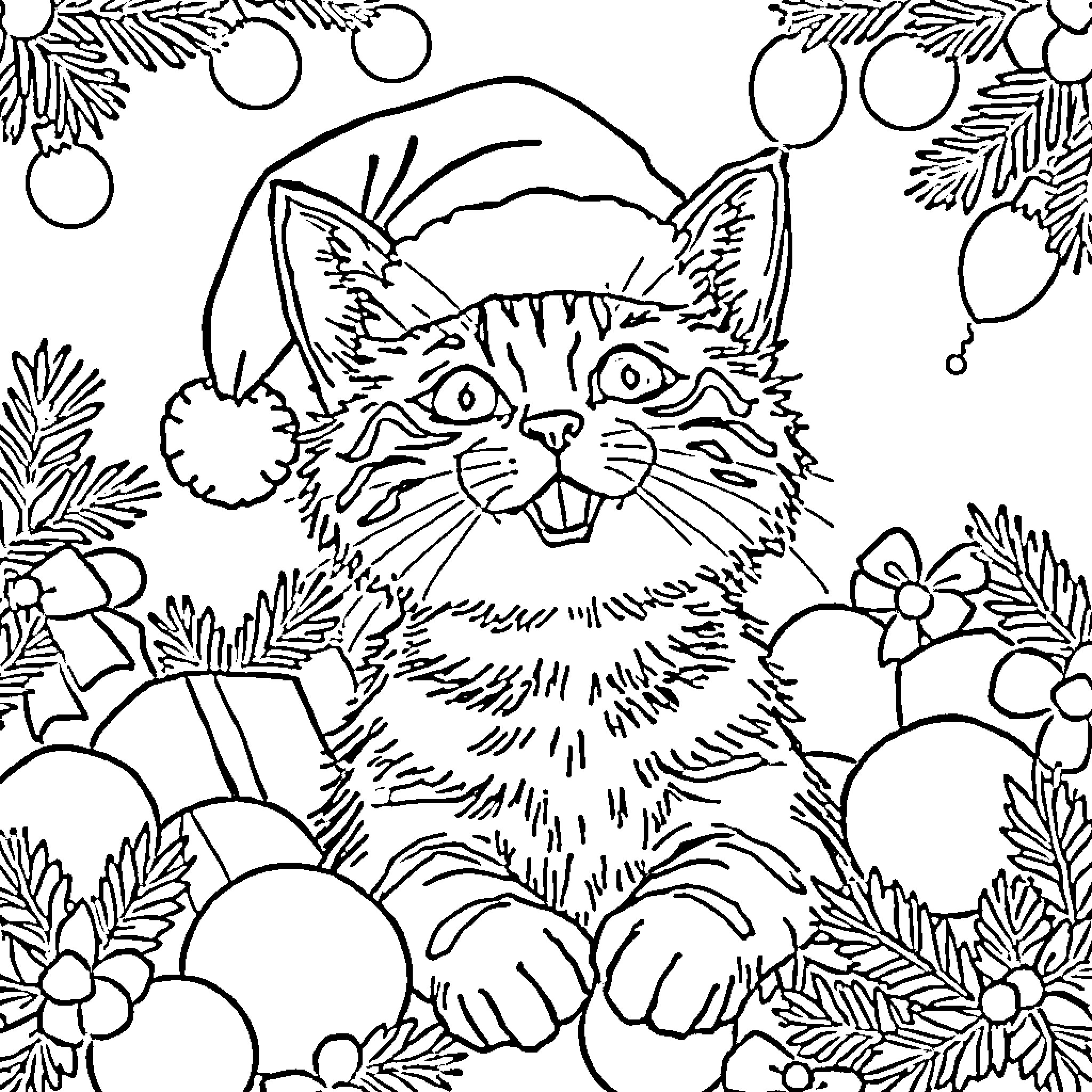 Cat in Santa hat surrounded by Christmas decor Coloring Page (free black-and-white line drawing printable PDF for all, from beginners to advanced learners, including children, teens, adults, and seniors)