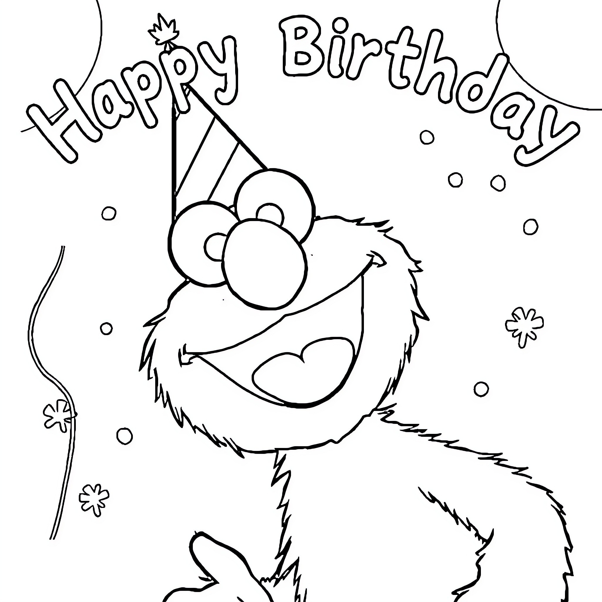 Elmo celebrating a Happy Birthday Coloring Page (free black-and-white line drawing printable PDF for all, from beginners to advanced learners, including children, teens, adults, and seniors)