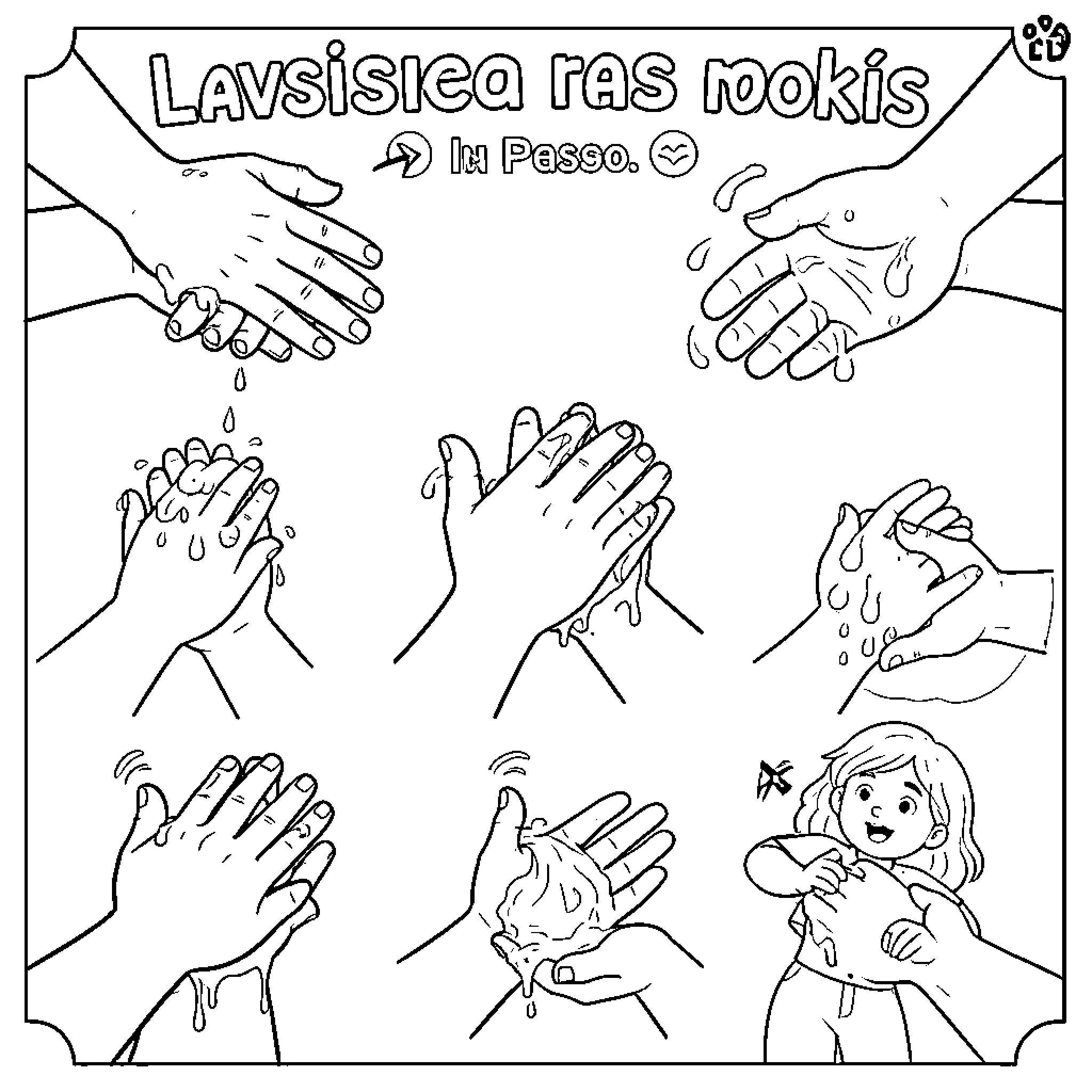 Handwashing instructions with step-by-step illustrations Coloring Page (free black-and-white line drawing printable PDF for all, from beginners to advanced learners, including children, teens, adults, and seniors)