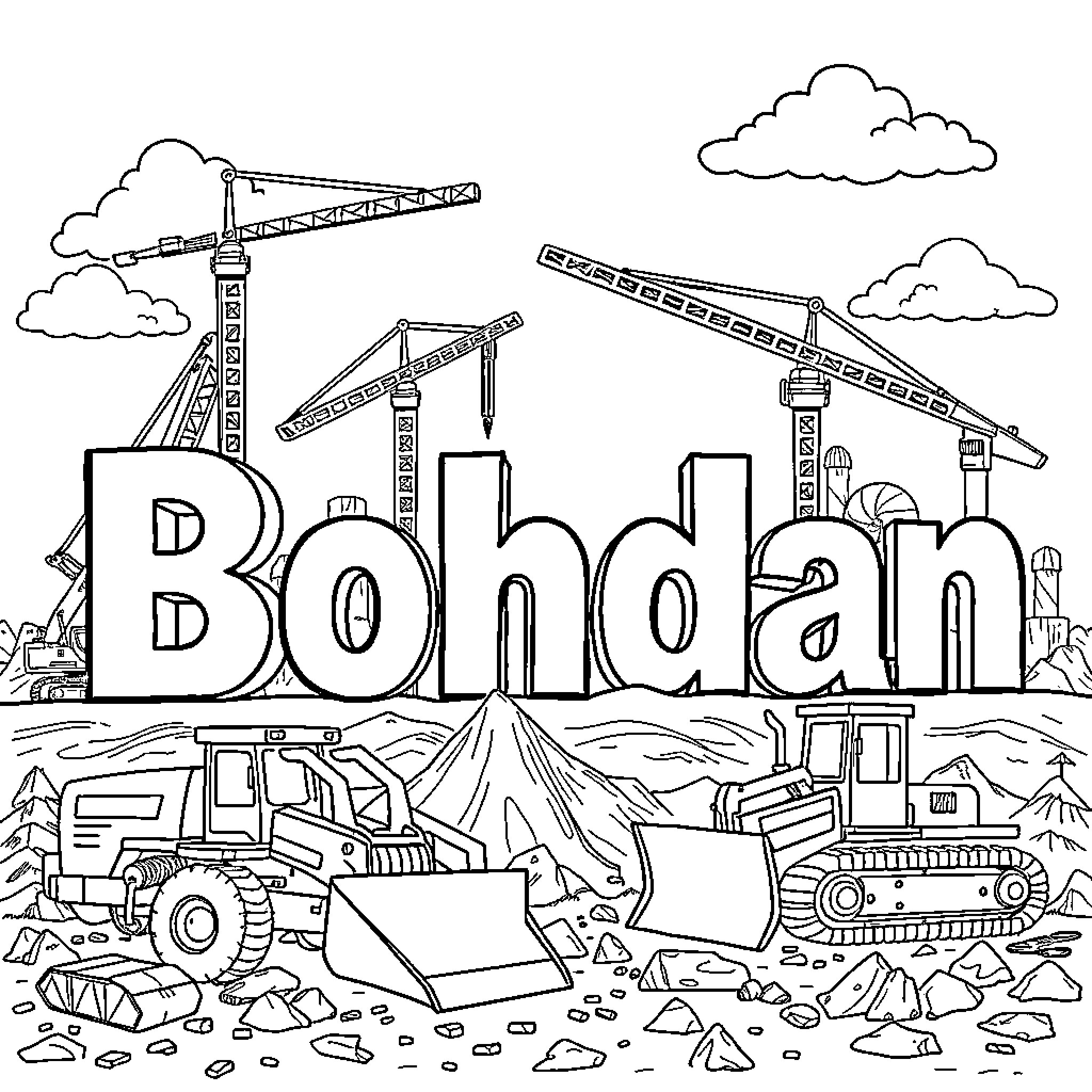 Bohdan's Construction Site Adventure Coloring Page (free black-and-white line drawing printable PDF for all, from beginners to advanced learners, including children, teens, adults, and seniors)