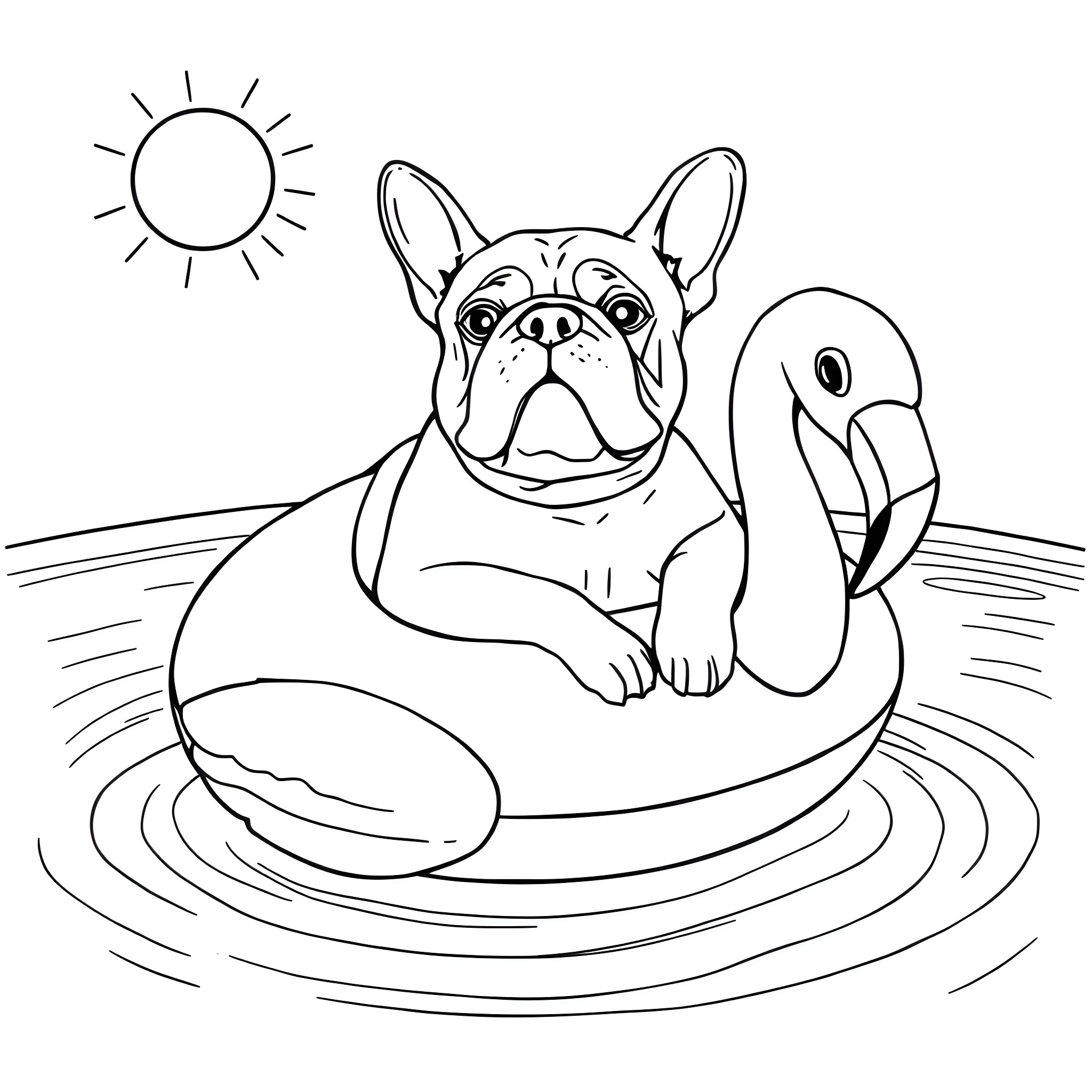 Bulldog relaxing in pool on a sunny day Coloring Page (free black-and-white line drawing printable PDF for all, from beginners to advanced learners, including children, teens, adults, and seniors)