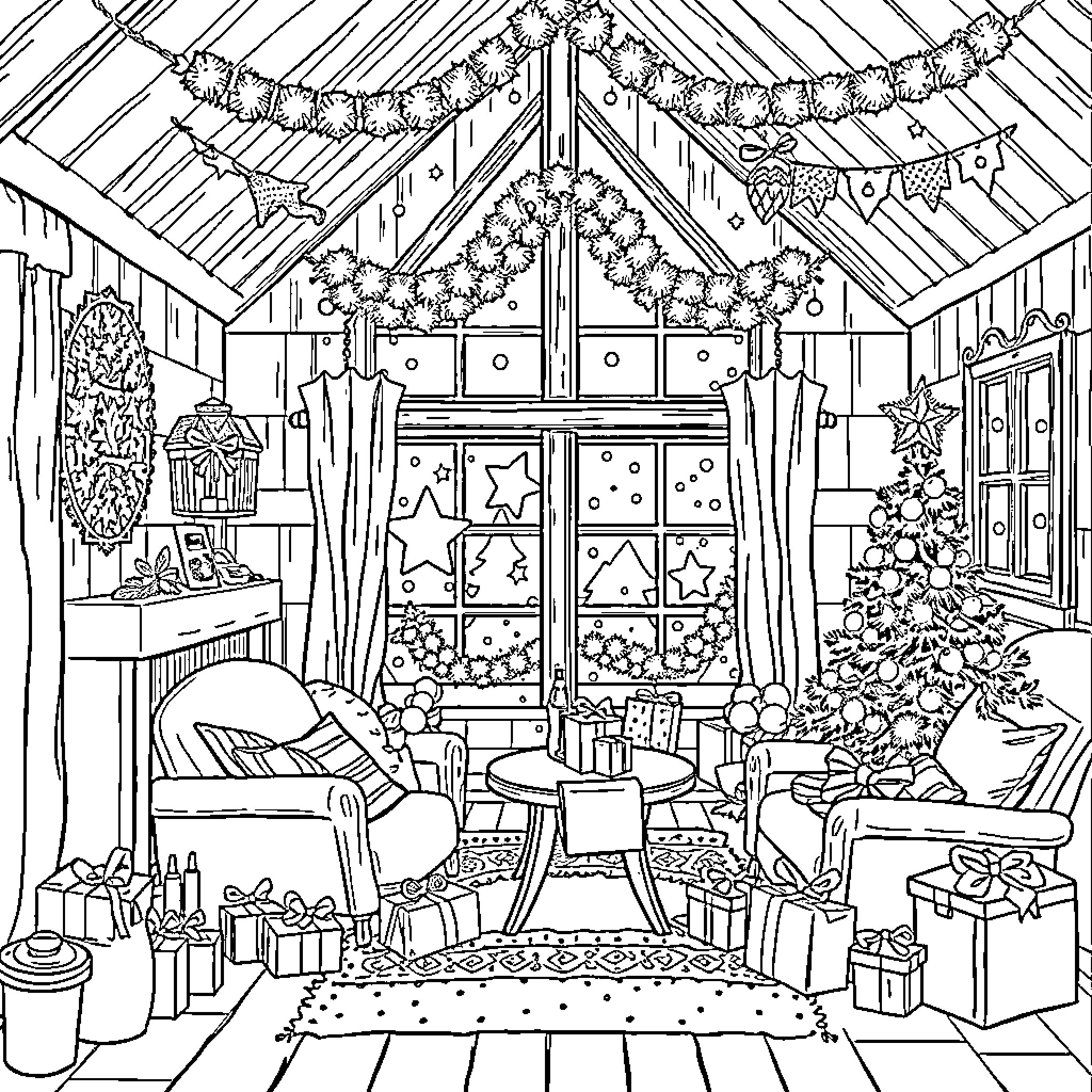 Forsängen: Cozy Christmas Celebration in Decorated Home Coloring Page (free black-and-white line drawing printable PDF for all, from beginners to advanced learners, including children, teens, adults, and seniors)
