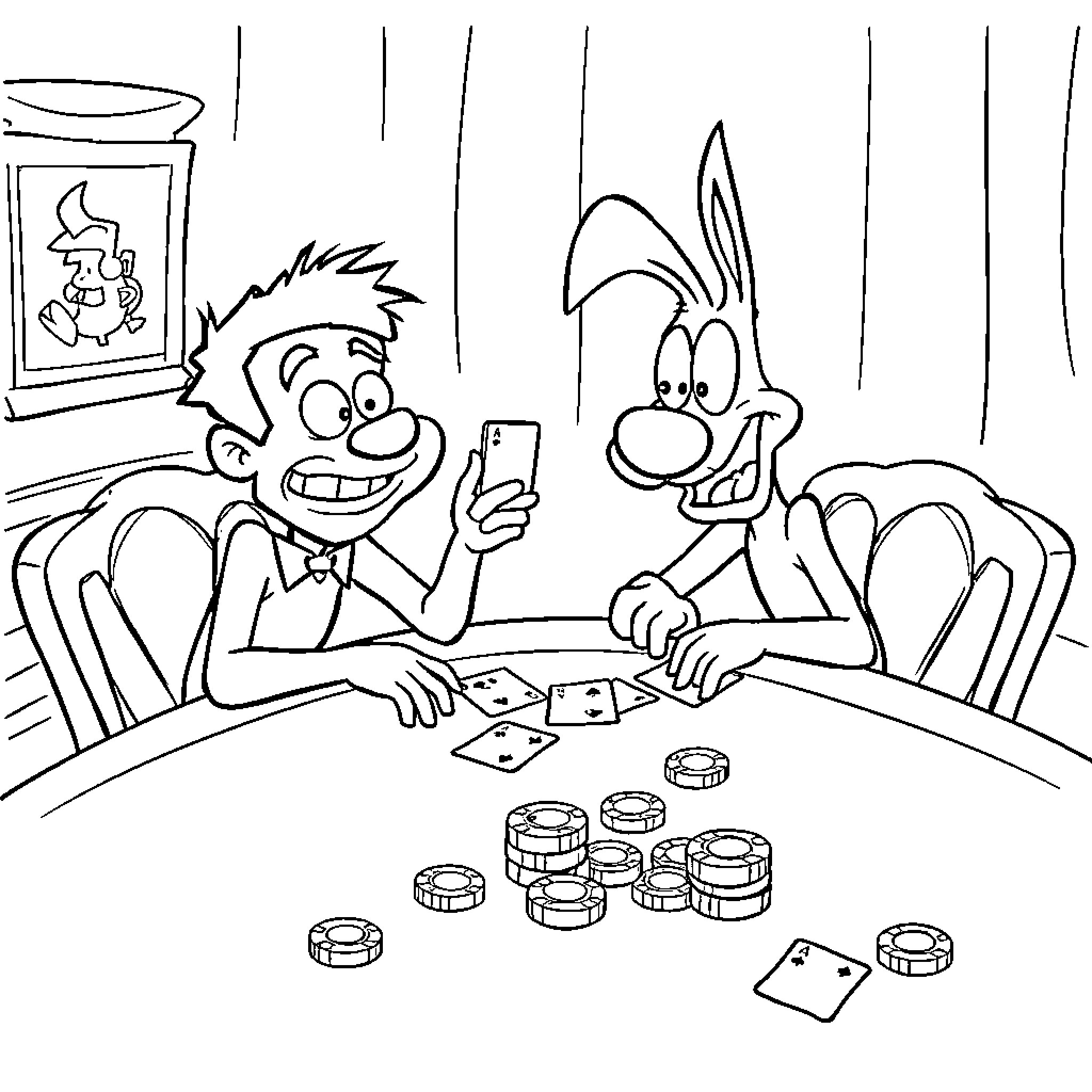Ren and Stimpy playing cards and gambling Coloring Page (free black-and-white line drawing printable PDF for all, from beginners to advanced learners, including children, teens, adults, and seniors)