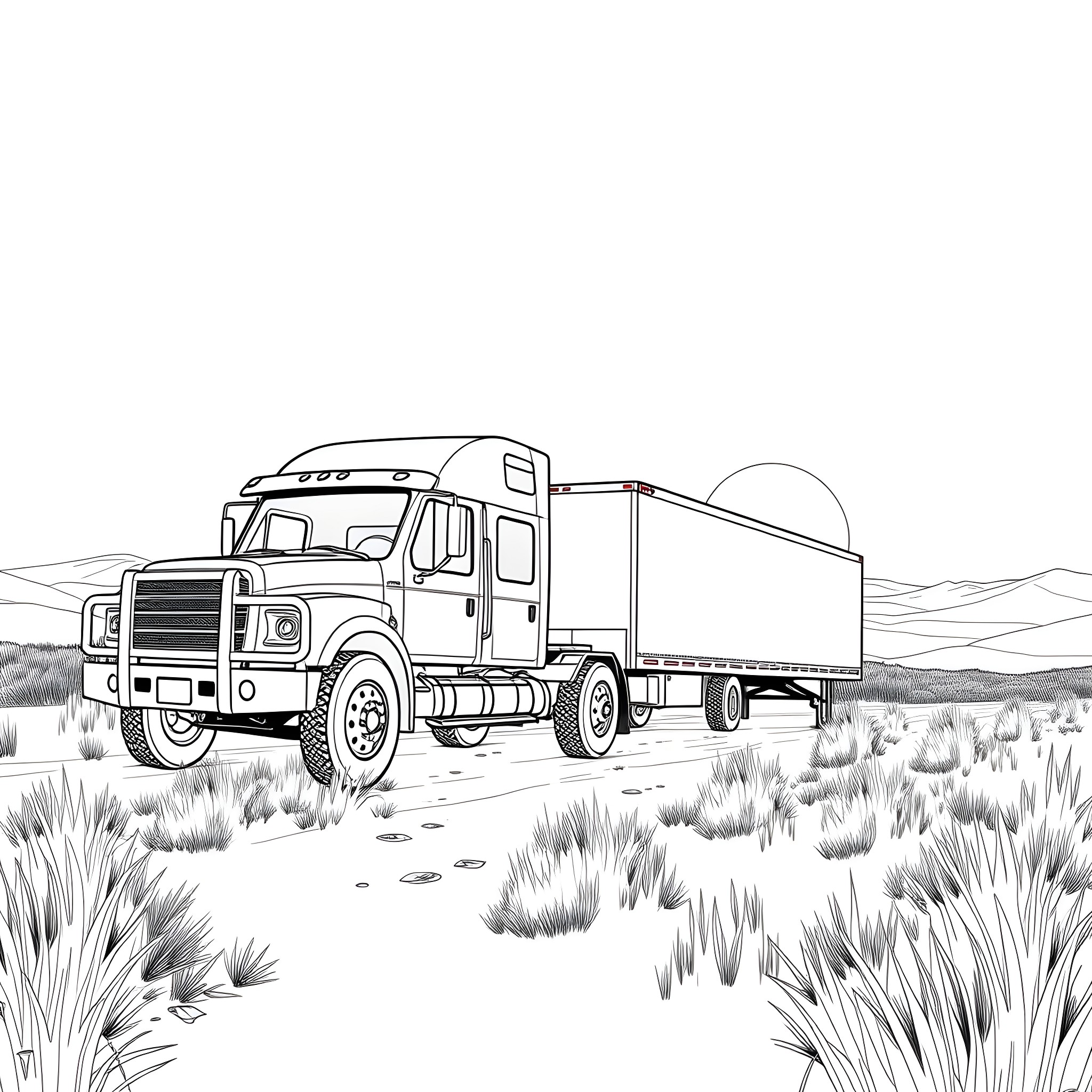 Pickup truck transporting goods through the countryside Coloring Page (free black-and-white line drawing printable PDF for all, from beginners to advanced learners, including children, teens, adults, and seniors)