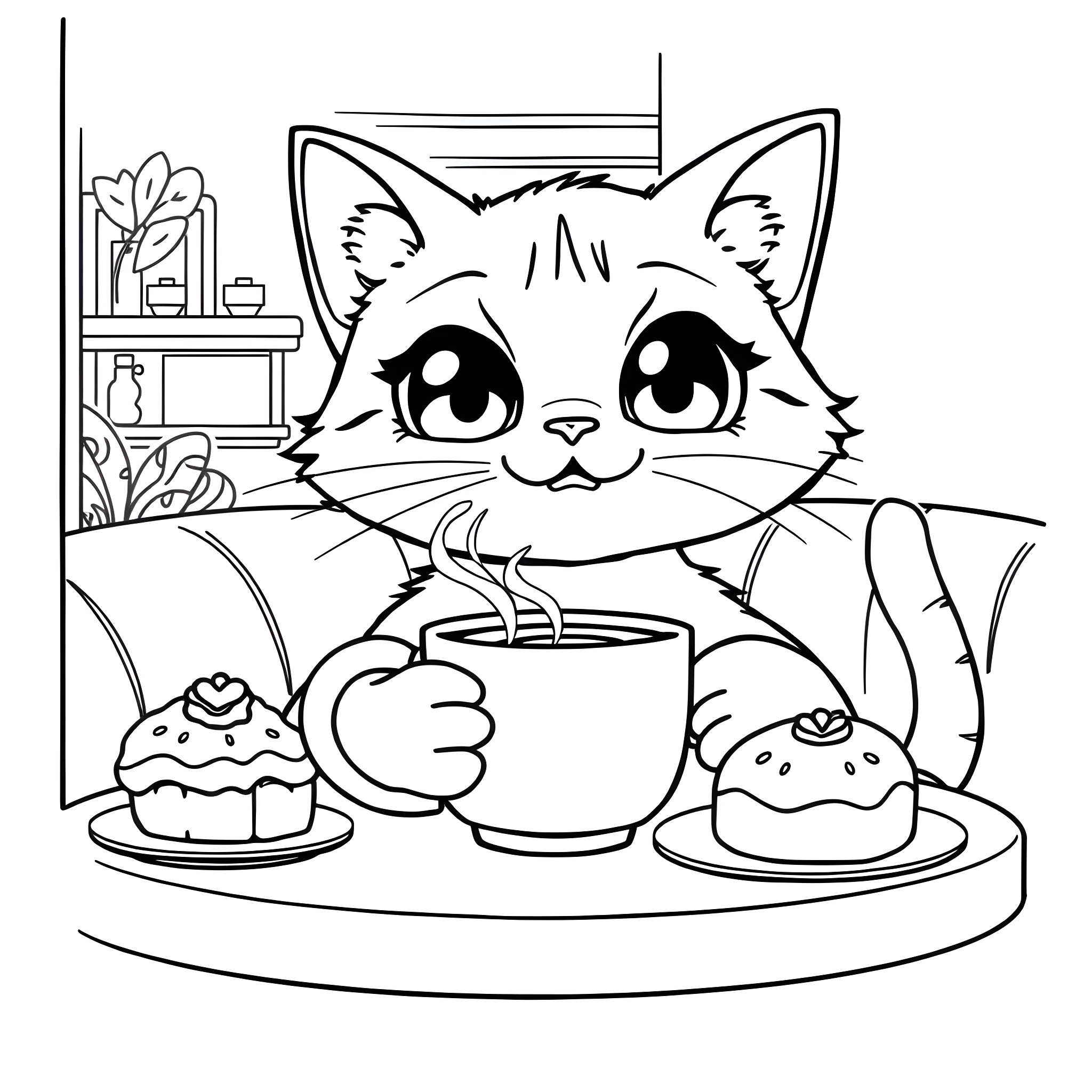 Anime Cat Enjoying a Cozy Snack Break Coloring Page (free black-and-white line drawing printable PDF for all, from beginners to advanced learners, including children, teens, adults, and seniors)