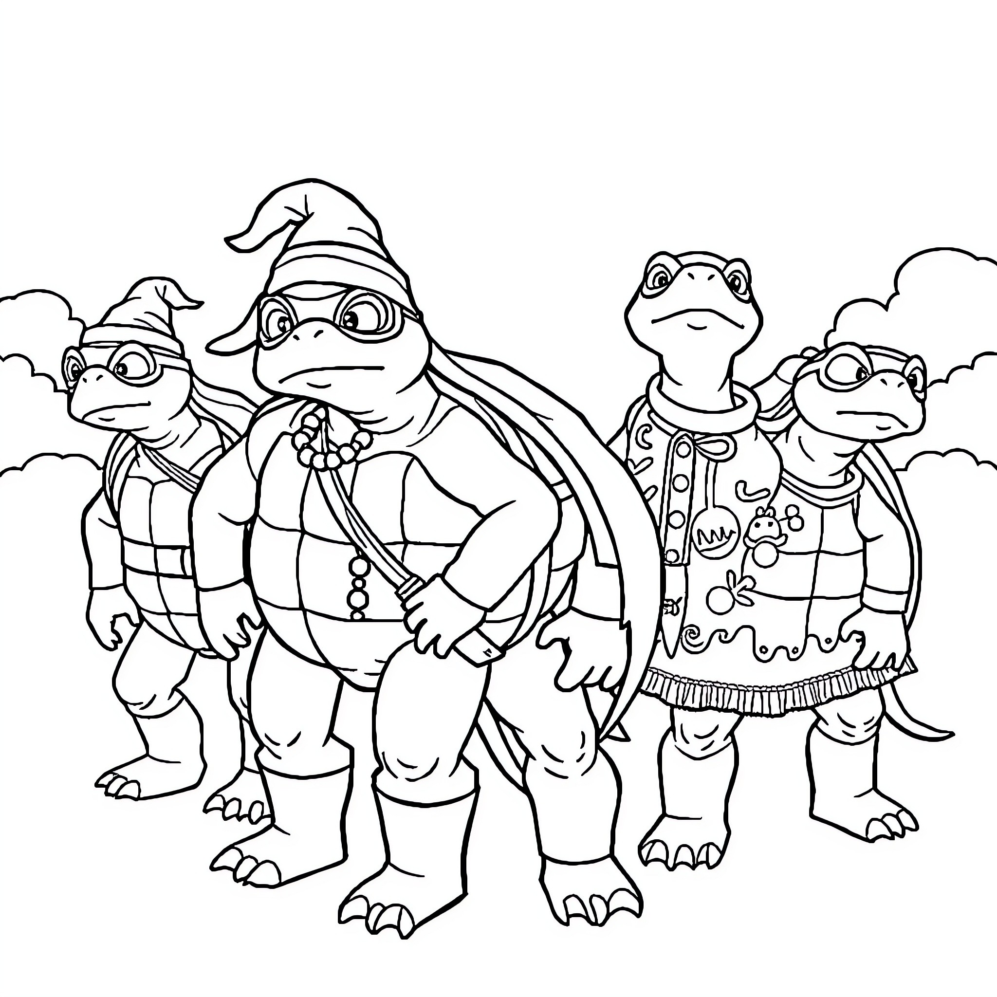 Turtle Adventurers in Whimsical Outfits Coloring Page (free black-and-white line drawing printable PDF for all, from beginners to advanced learners, including children, teens, adults, and seniors)