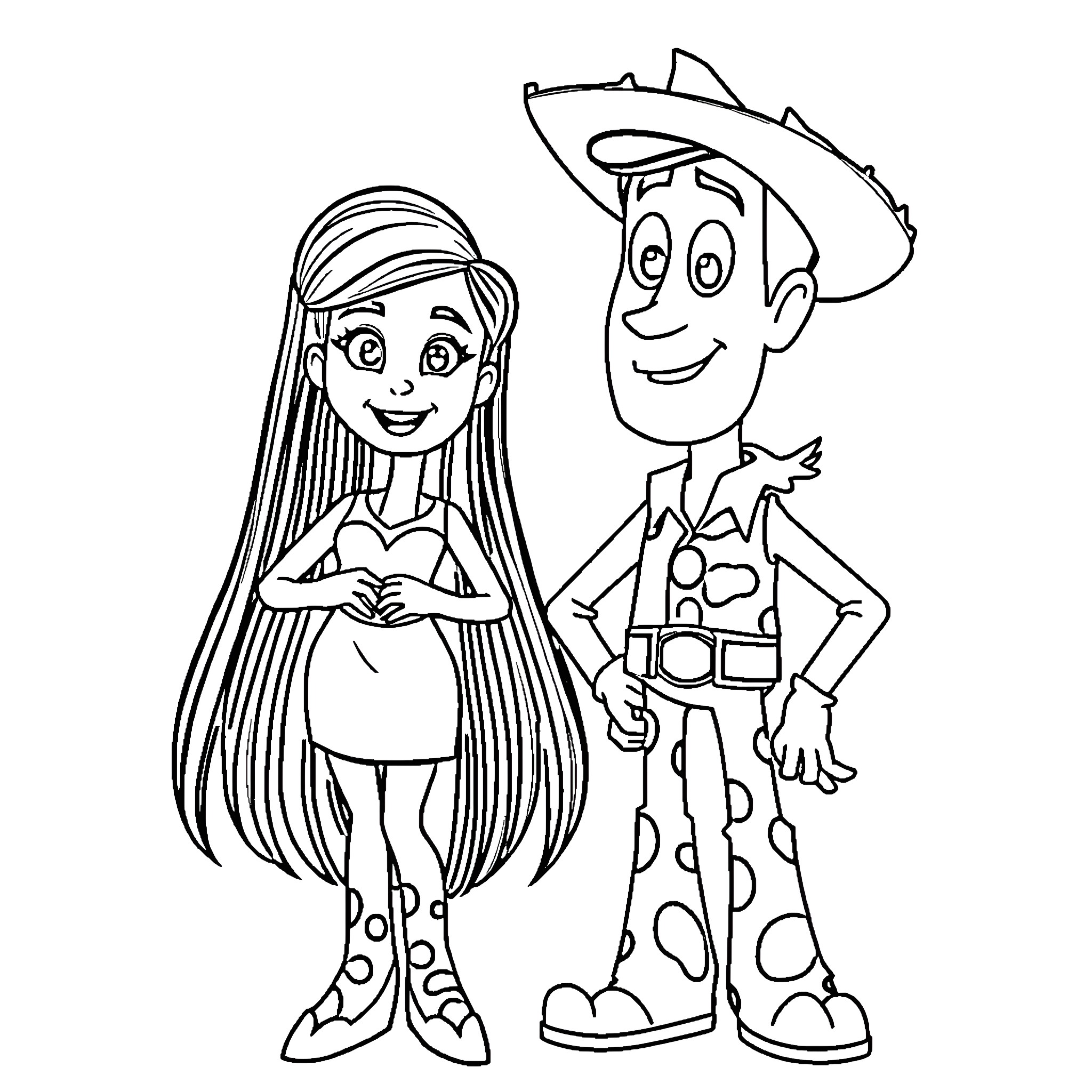 Connie and the Cowboy Enjoying Adventure Coloring Page (free black-and-white line drawing printable PDF for all, from beginners to advanced learners, including children, teens, adults, and seniors)
