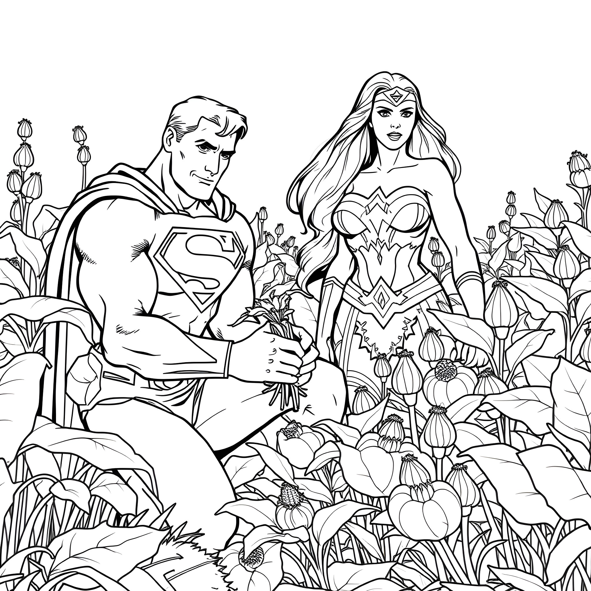 Superman and Wonder Woman in a floral garden Coloring Page (free black-and-white line drawing printable PDF for all, from beginners to advanced learners, including children, teens, adults, and seniors)