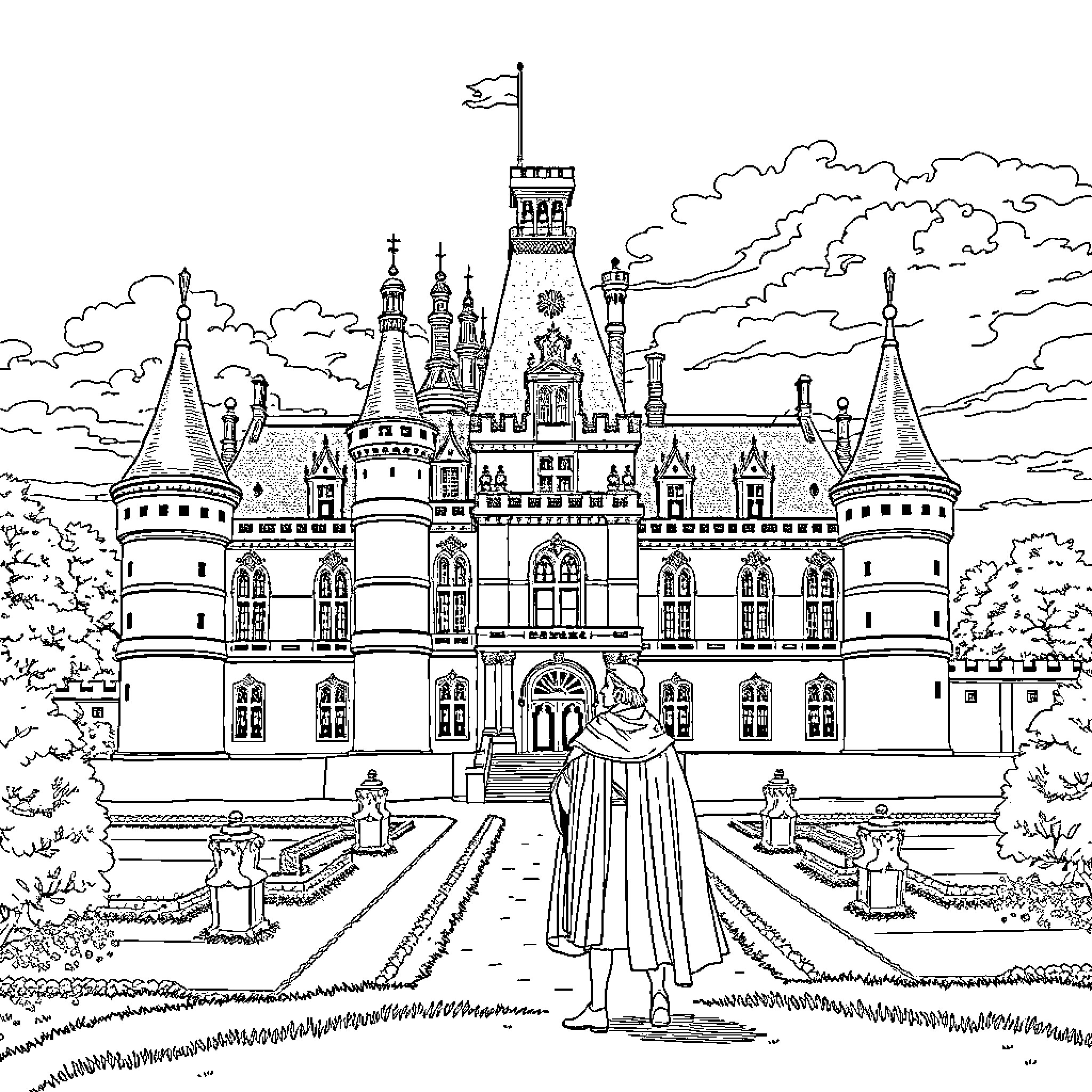 Château with Intricate Architecture and Ornate Details Coloring Page (free black-and-white line drawing printable PDF for all, from beginners to advanced learners, including children, teens, adults, and seniors)
