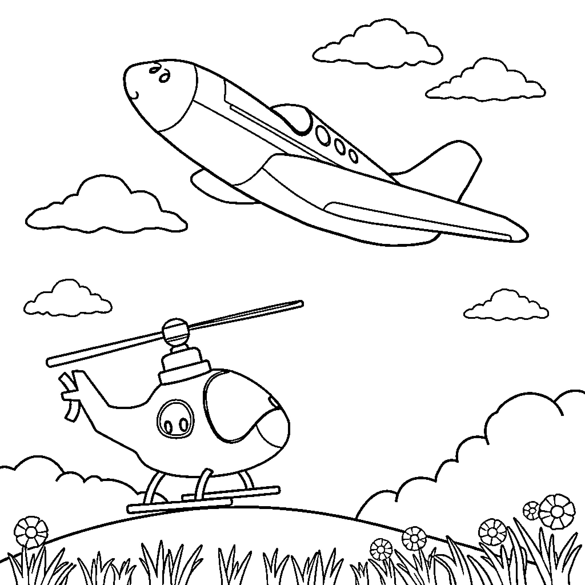 Air Transport Vehicles in the Sky Coloring Page (free black-and-white line drawing printable PDF for all, from beginners to advanced learners, including children, teens, adults, and seniors)