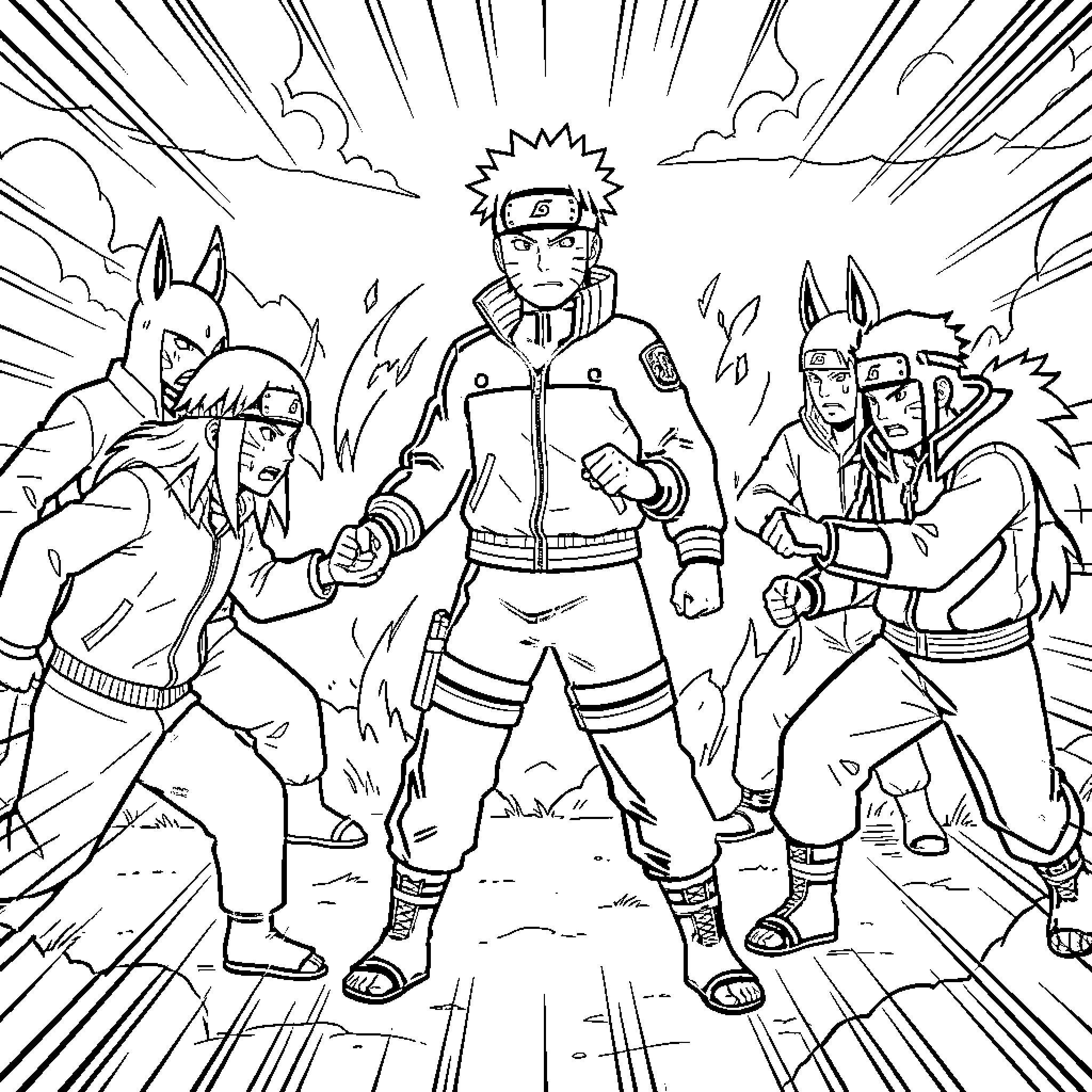 Naruto and his teammates preparing for an intense battle Coloring Page (free black-and-white line drawing printable PDF for all, from beginners to advanced learners, including children, teens, adults, and seniors)