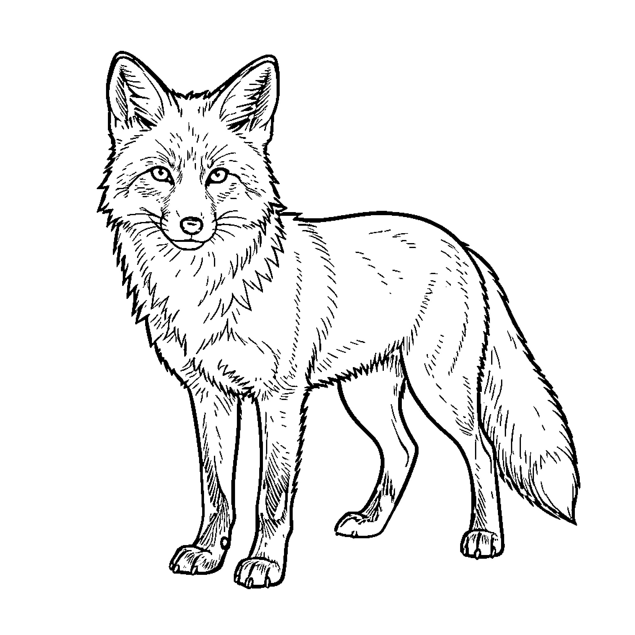 Fox standing alertly in the wilderness Coloring Page (free black-and-white line drawing printable PDF for all, from beginners to advanced learners, including children, teens, adults, and seniors)
