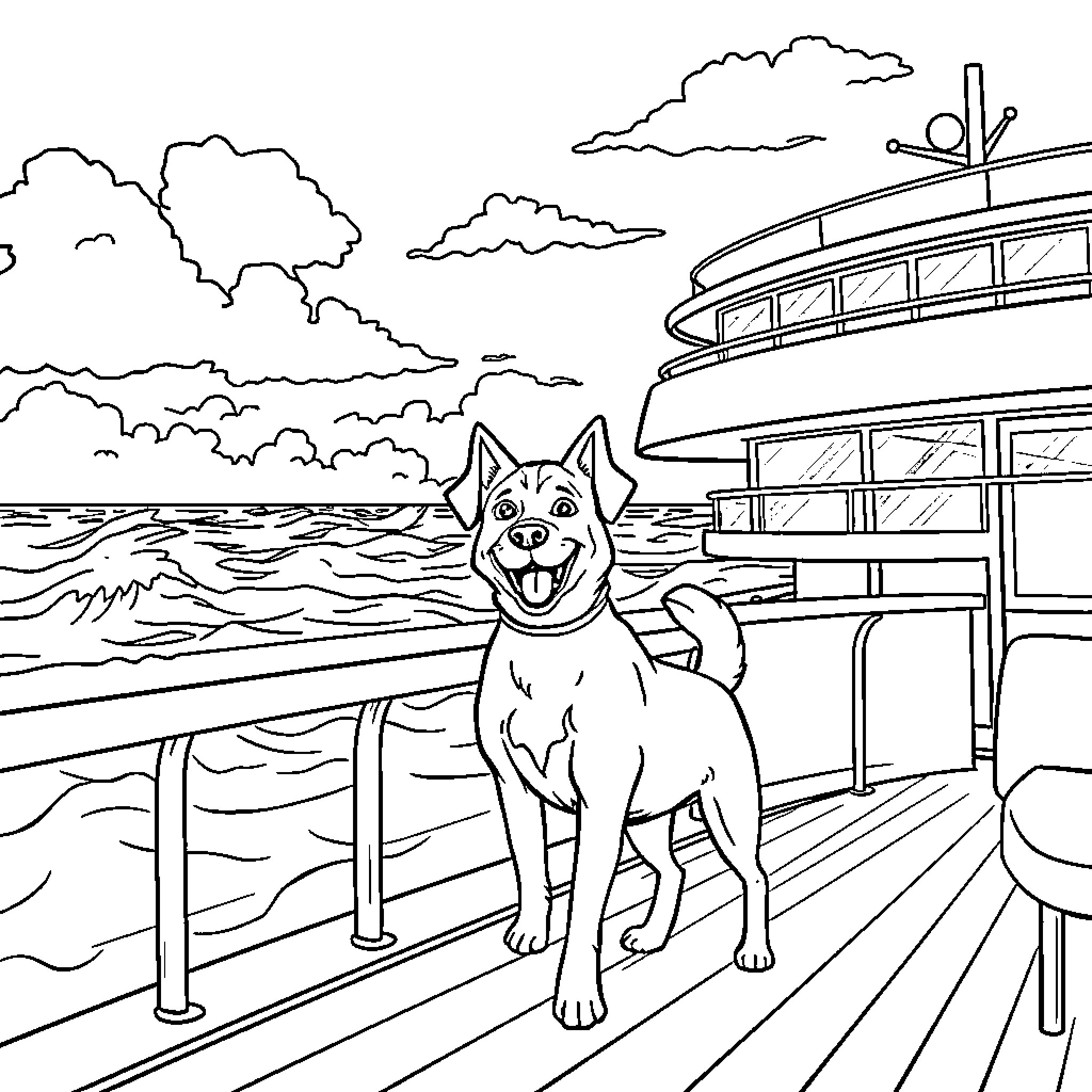 Dog enjoying a day on the cruise ship deck Coloring Page (free black-and-white line drawing printable PDF for all, from beginners to advanced learners, including children, teens, adults, and seniors)
