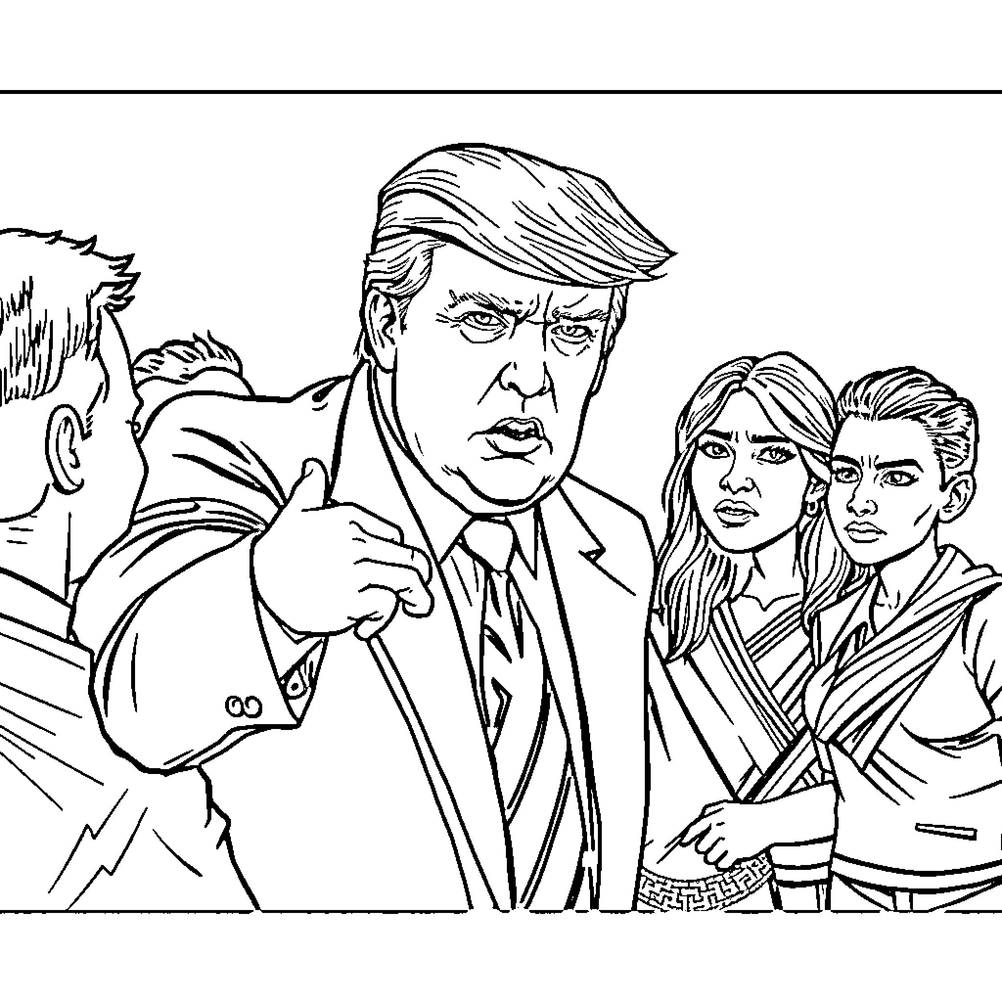 Donald Trump making a gesture with family members Coloring Page (free black-and-white line drawing printable PDF for all, from beginners to advanced learners, including children, teens, adults, and seniors)