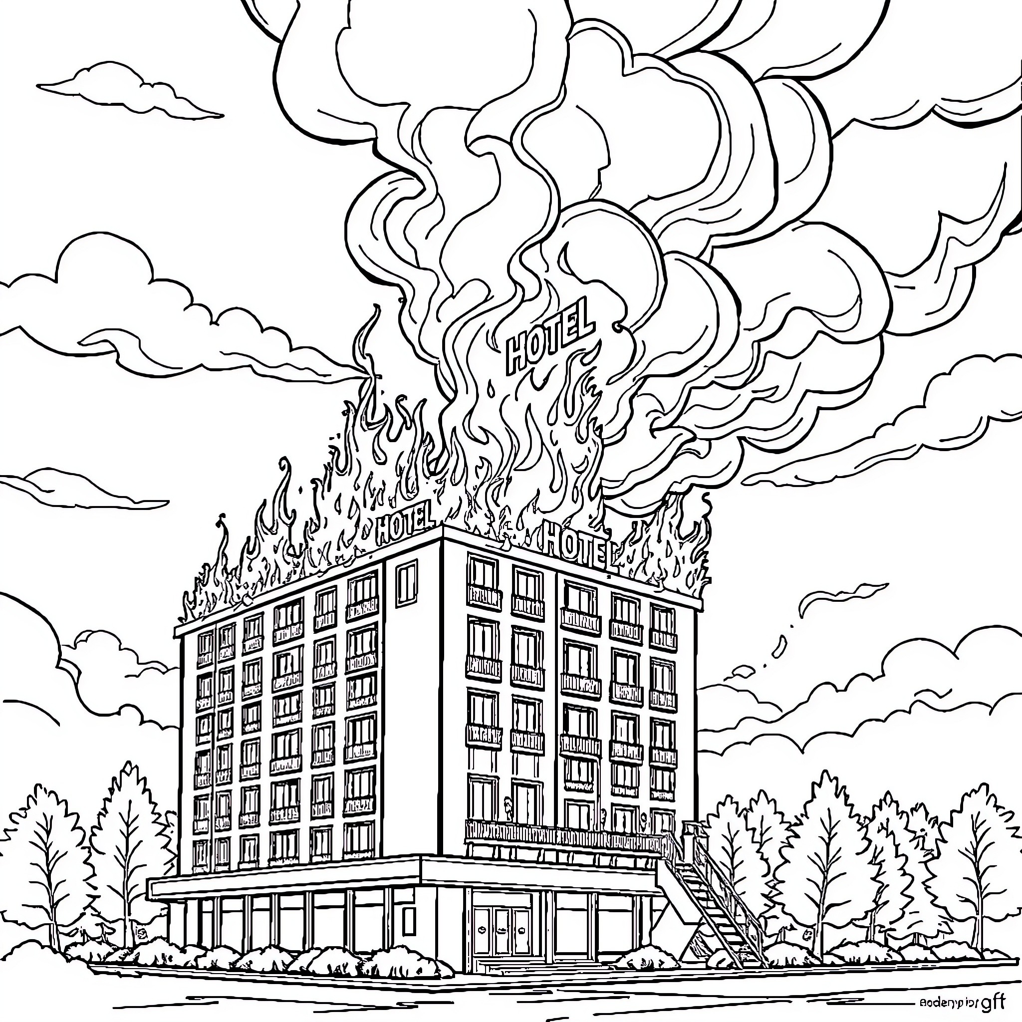 Hotel on fire with dramatic smoke and flames Coloring Page (free black-and-white line drawing printable PDF for all, from beginners to advanced learners, including children, teens, adults, and seniors)