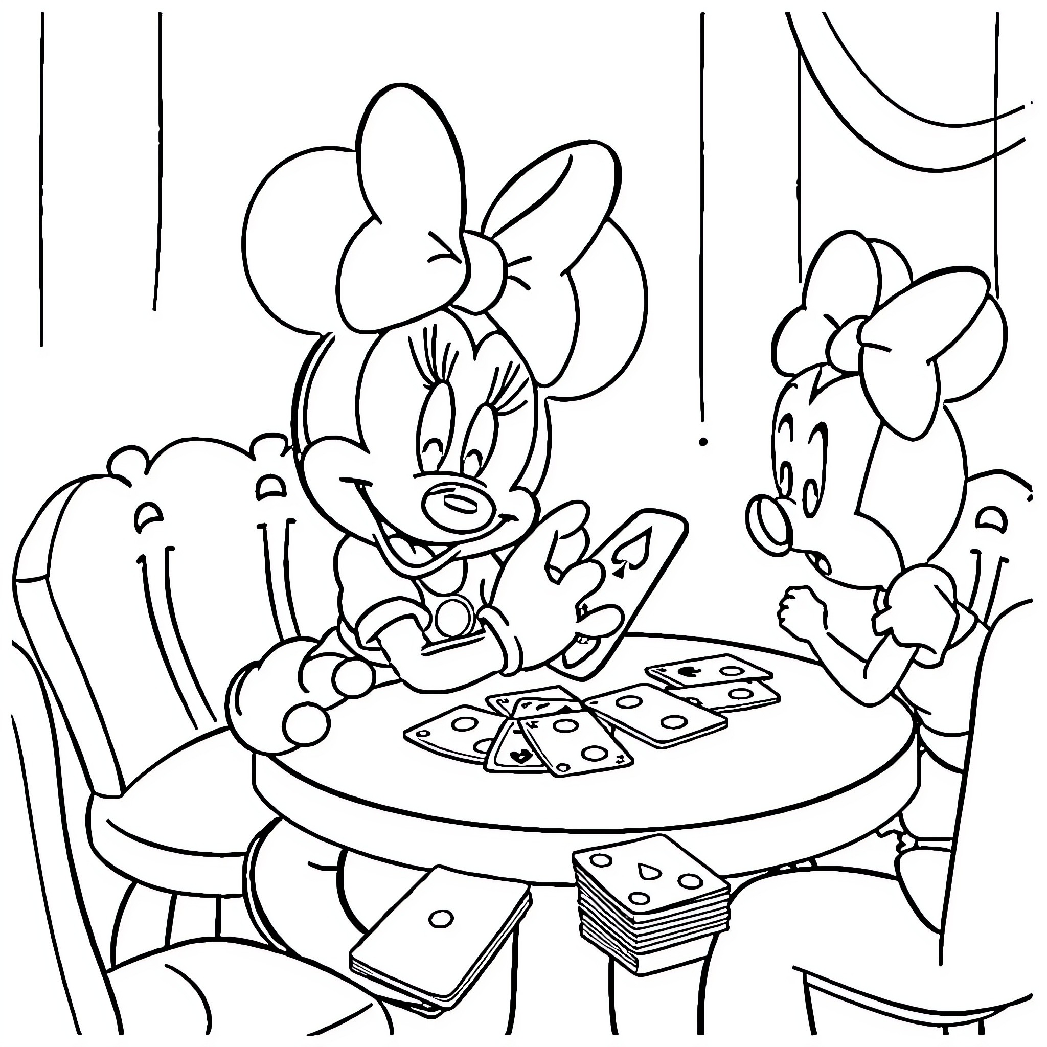 Minnie Mouse enjoying pizza with her friends Coloring Page (free black-and-white line drawing printable PDF for all, from beginners to advanced learners, including children, teens, adults, and seniors)