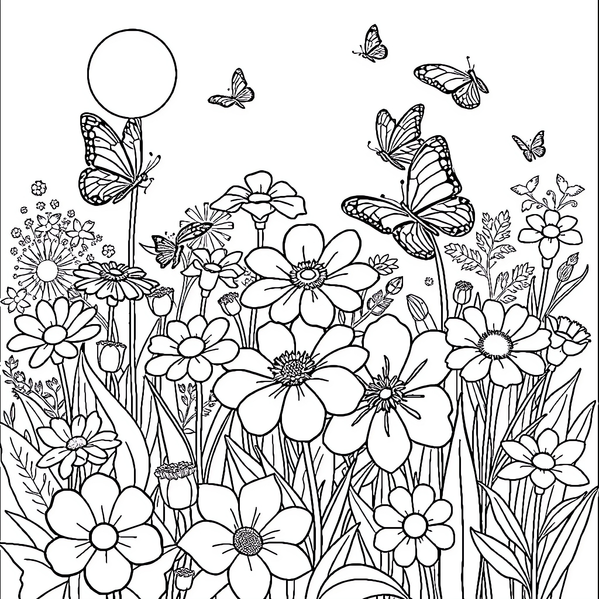 Flower garden filled with blooming flowers and butterflies Coloring Page (free black-and-white line drawing printable PDF for all, from beginners to advanced learners, including children, teens, adults, and seniors)
