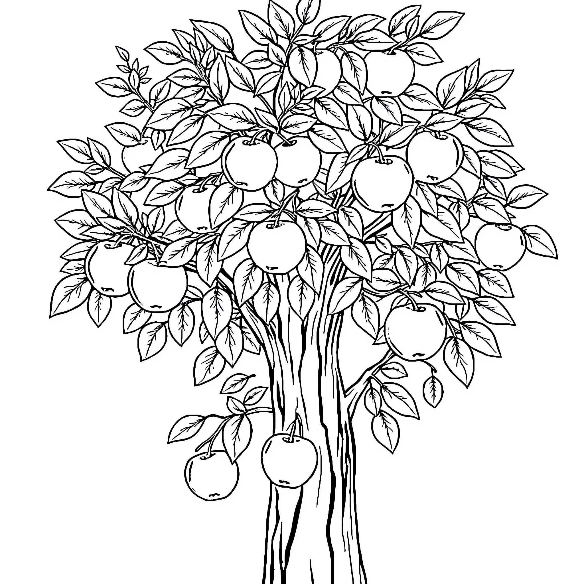 Apple Tree Bearing Lush Fruit and Foliage Coloring Page (free black-and-white line drawing printable PDF for all, from beginners to advanced learners, including children, teens, adults, and seniors)