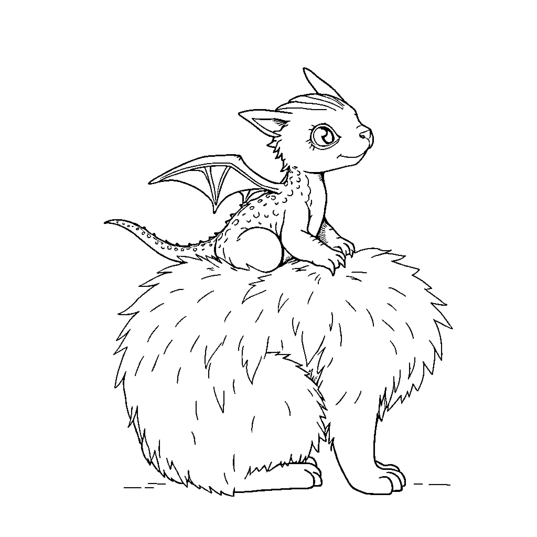 Dragon-like creature perched on a furry creature Coloring Page (free black-and-white line drawing printable PDF for all, from beginners to advanced learners, including children, teens, adults, and seniors)