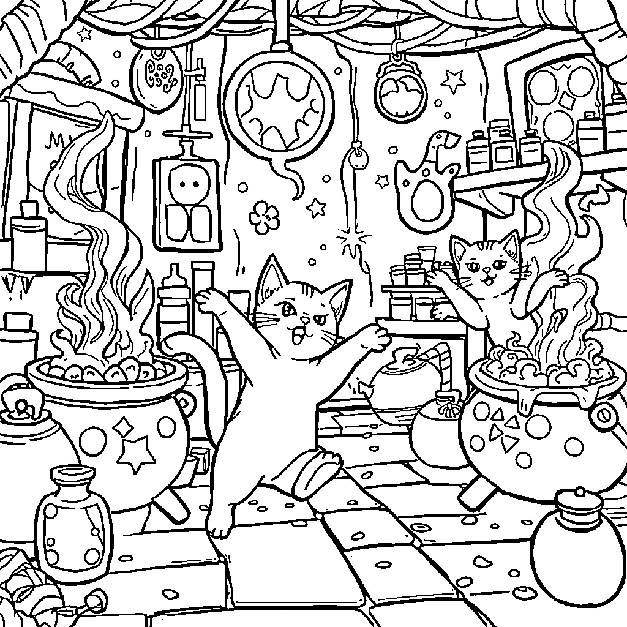 Cat's Whimsical Laboratory Adventure Coloring Page (free black-and-white line drawing printable PDF for all, from beginners to advanced learners, including children, teens, adults, and seniors)