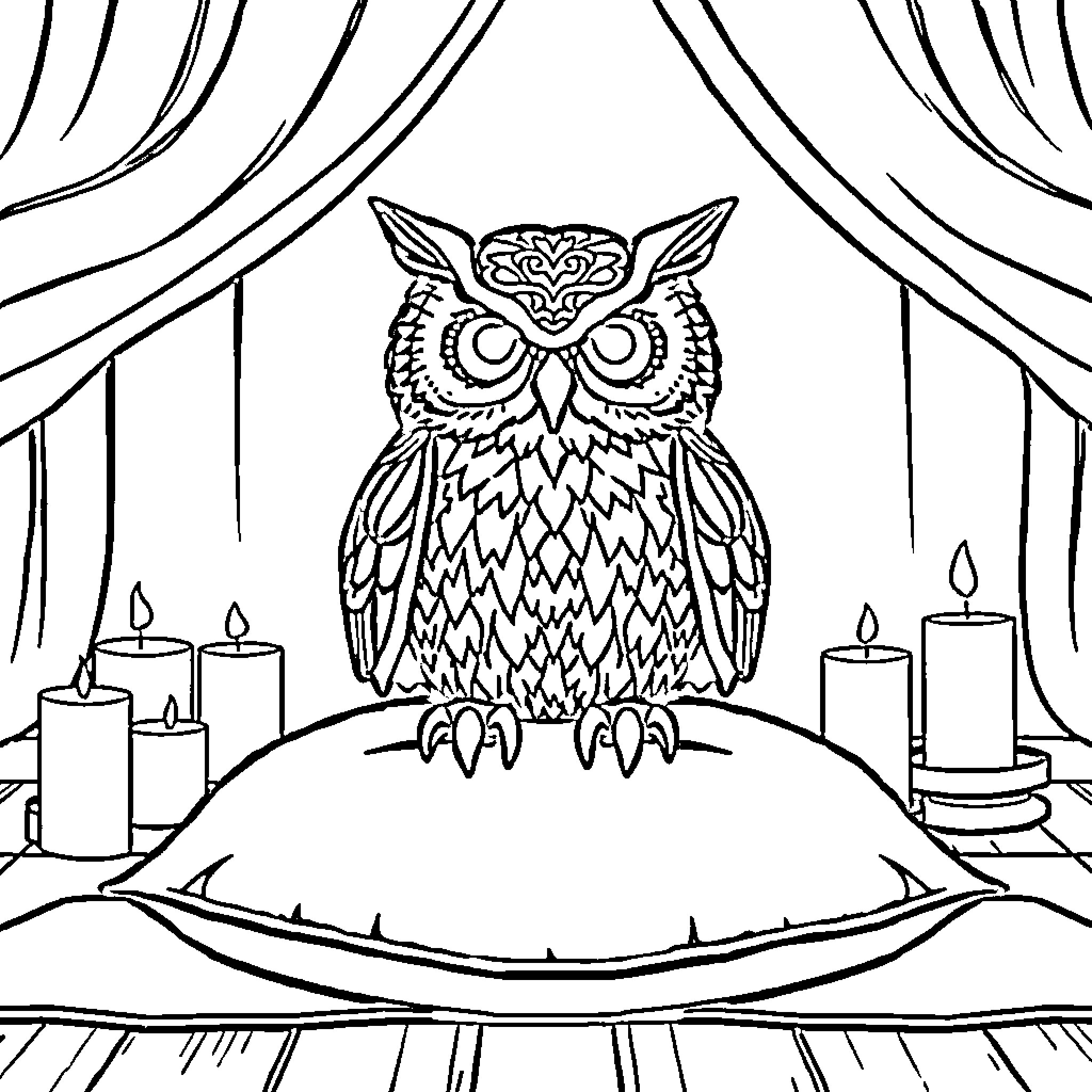 Owl sitting on a couch amidst candles Coloring Page (free black-and-white line drawing printable PDF for all, from beginners to advanced learners, including children, teens, adults, and seniors)