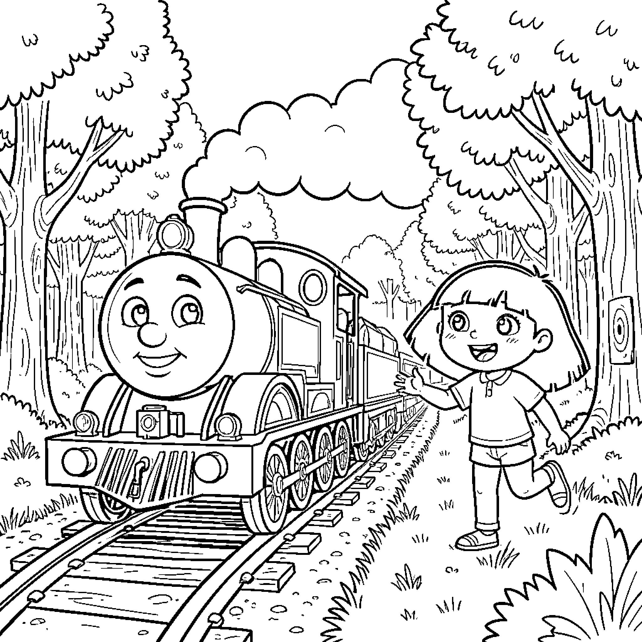 Thomas the Tank Engine smiling as a girl runs alongside Coloring Page (free black-and-white line drawing printable PDF for all, from beginners to advanced learners, including children, teens, adults, and seniors)