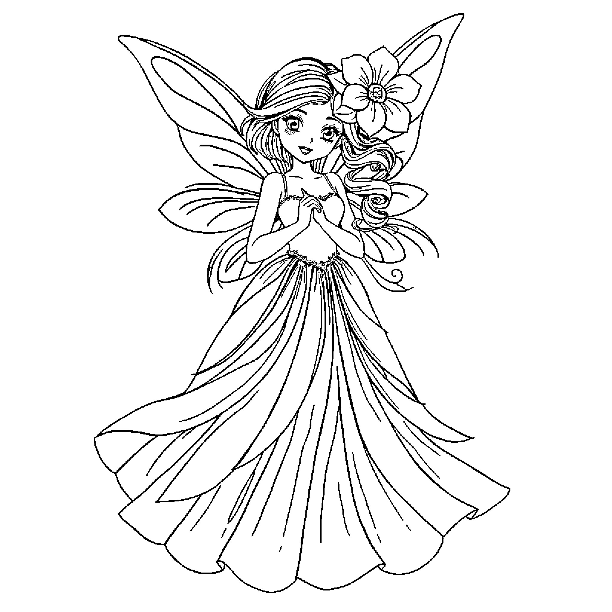 Fairy in a Flowing Dress with Floral Accents Coloring Page (free black-and-white line drawing printable PDF for all, from beginners to advanced learners, including children, teens, adults, and seniors)