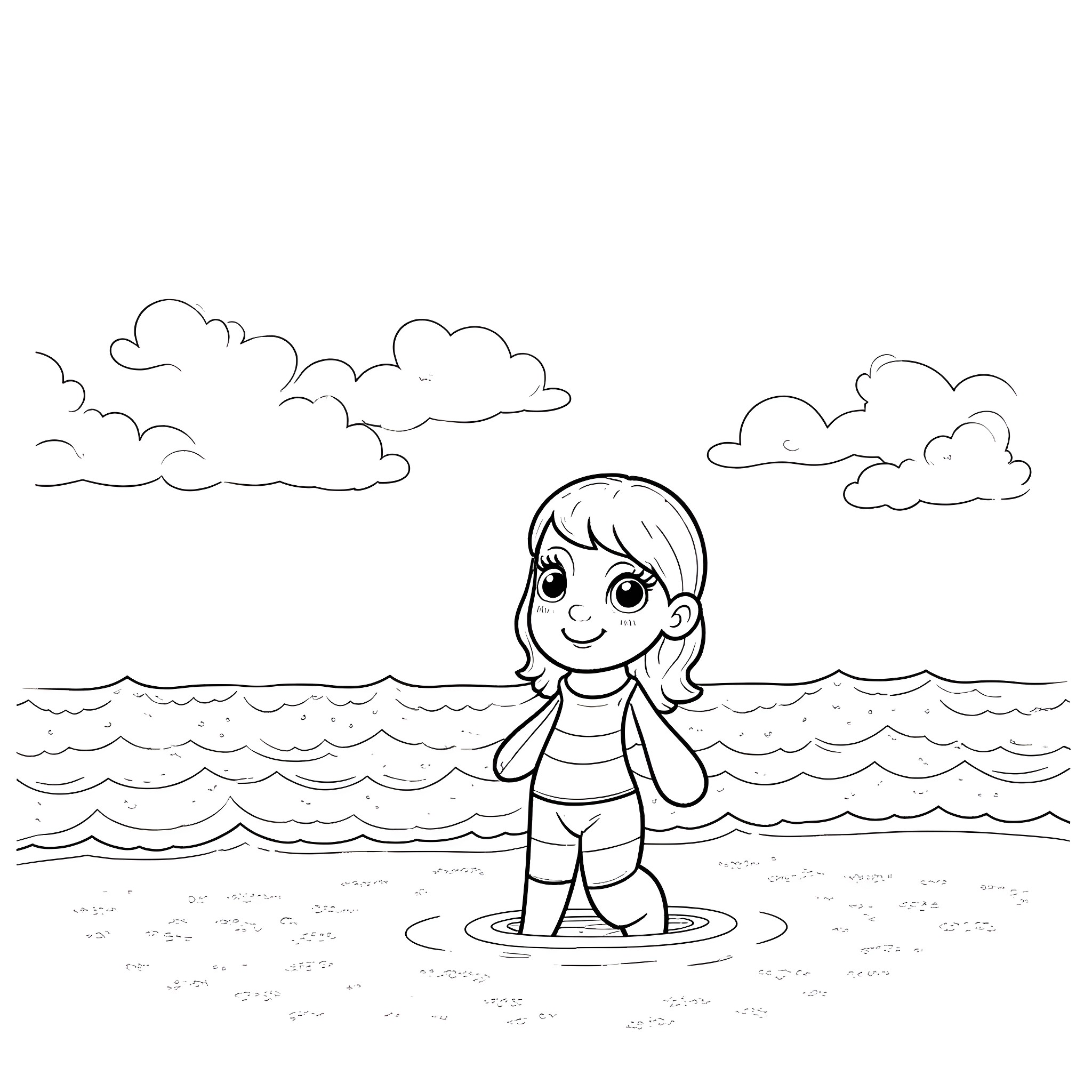 Bluey playing cheerfully in the ocean Coloring Page (free black-and-white line drawing printable PDF for all, from beginners to advanced learners, including children, teens, adults, and seniors)