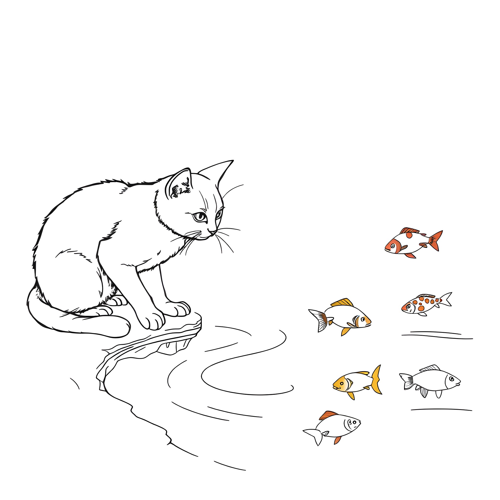 Cat observing colorful fish in water Coloring Page (free black-and-white line drawing printable PDF for all, from beginners to advanced learners, including children, teens, adults, and seniors)