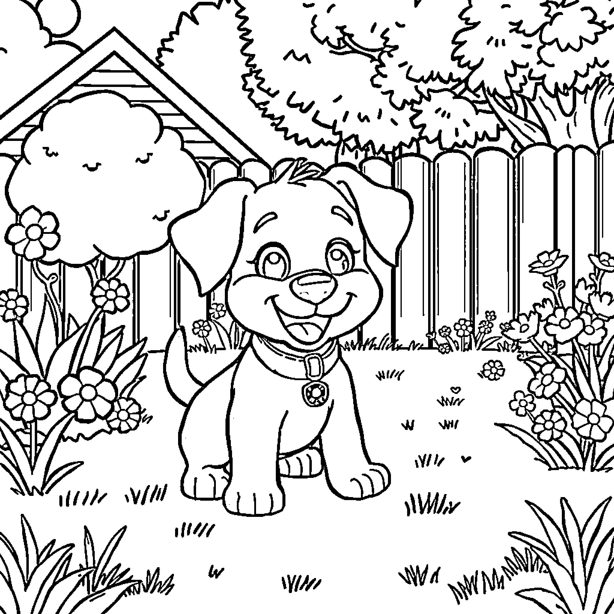 Bluey playing happily in the backyard garden Coloring Page (free black-and-white line drawing printable PDF for all, from beginners to advanced learners, including children, teens, adults, and seniors)
